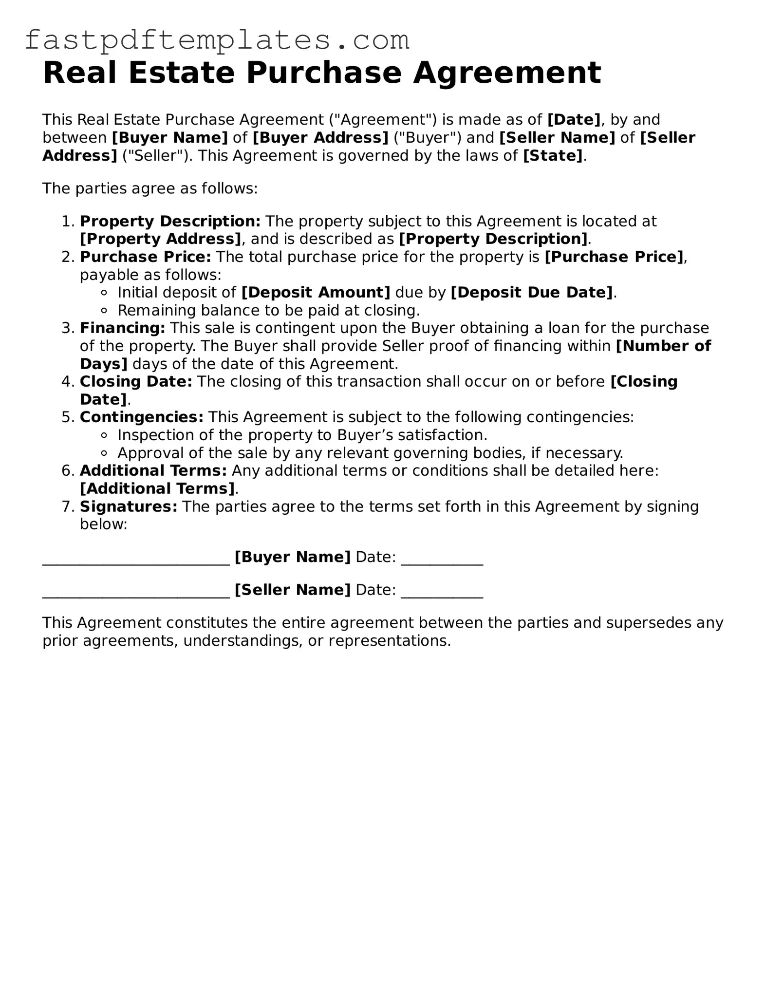 Fillable Real Estate Purchase Agreement Document
