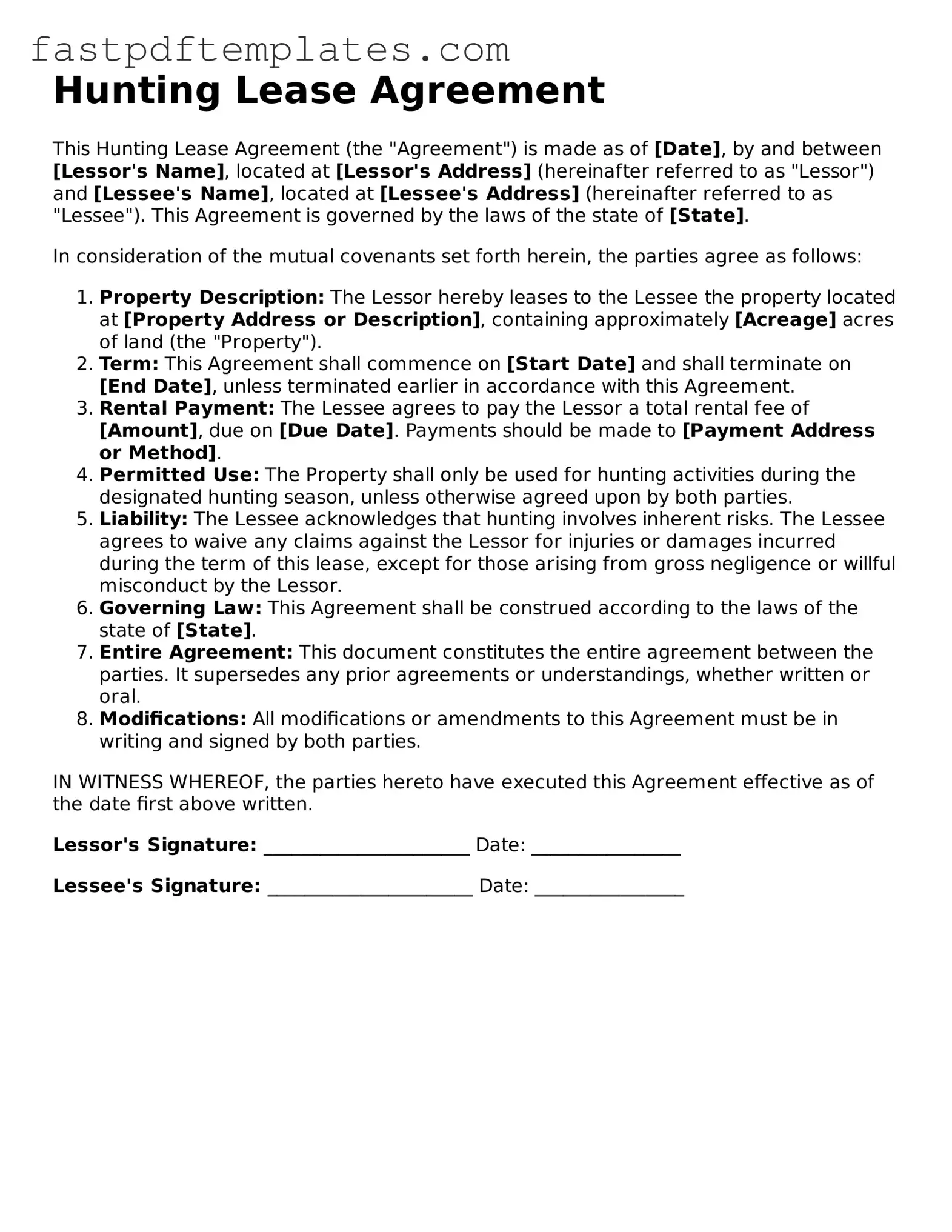 Fillable Hunting Lease Agreement Document