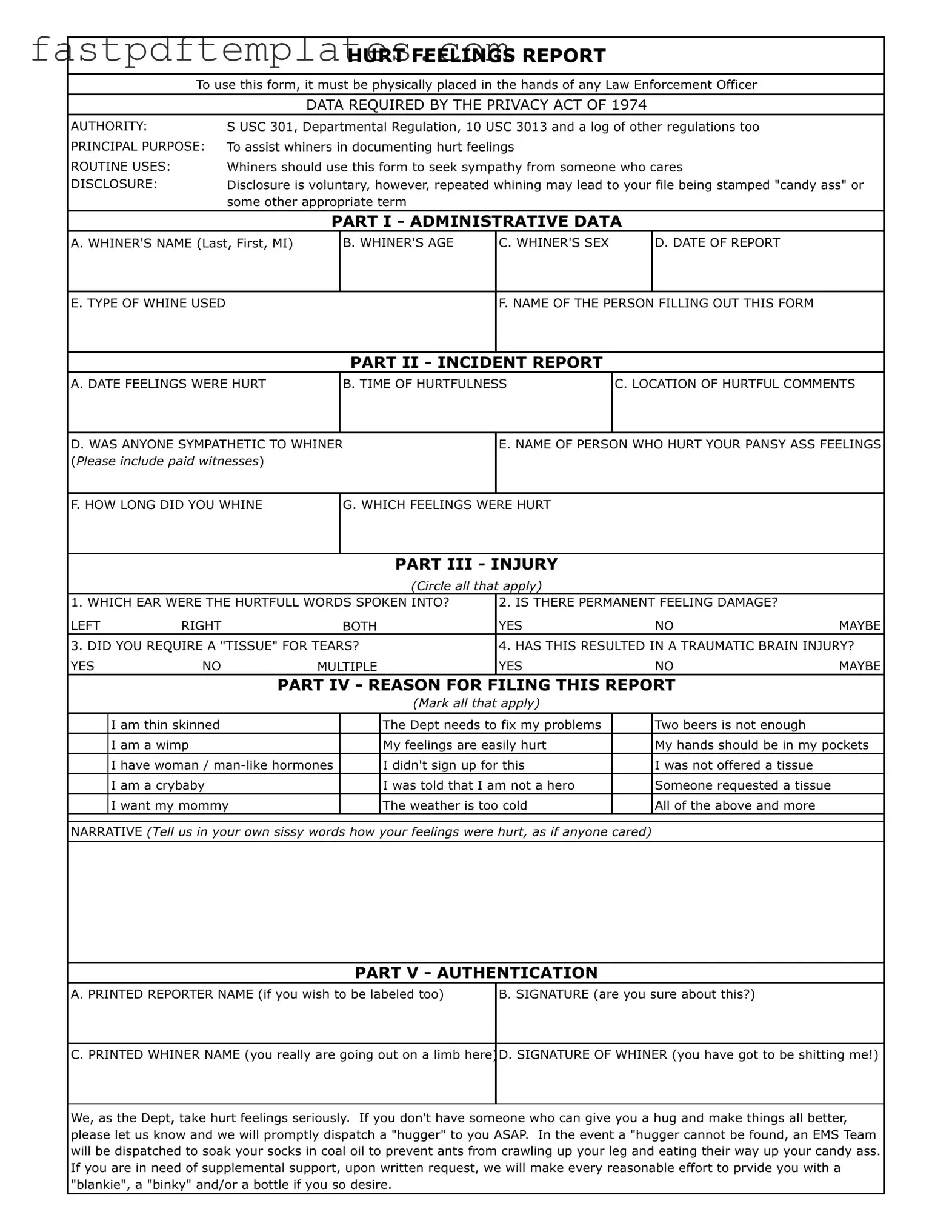 Blank Hurt Feelings Report Form