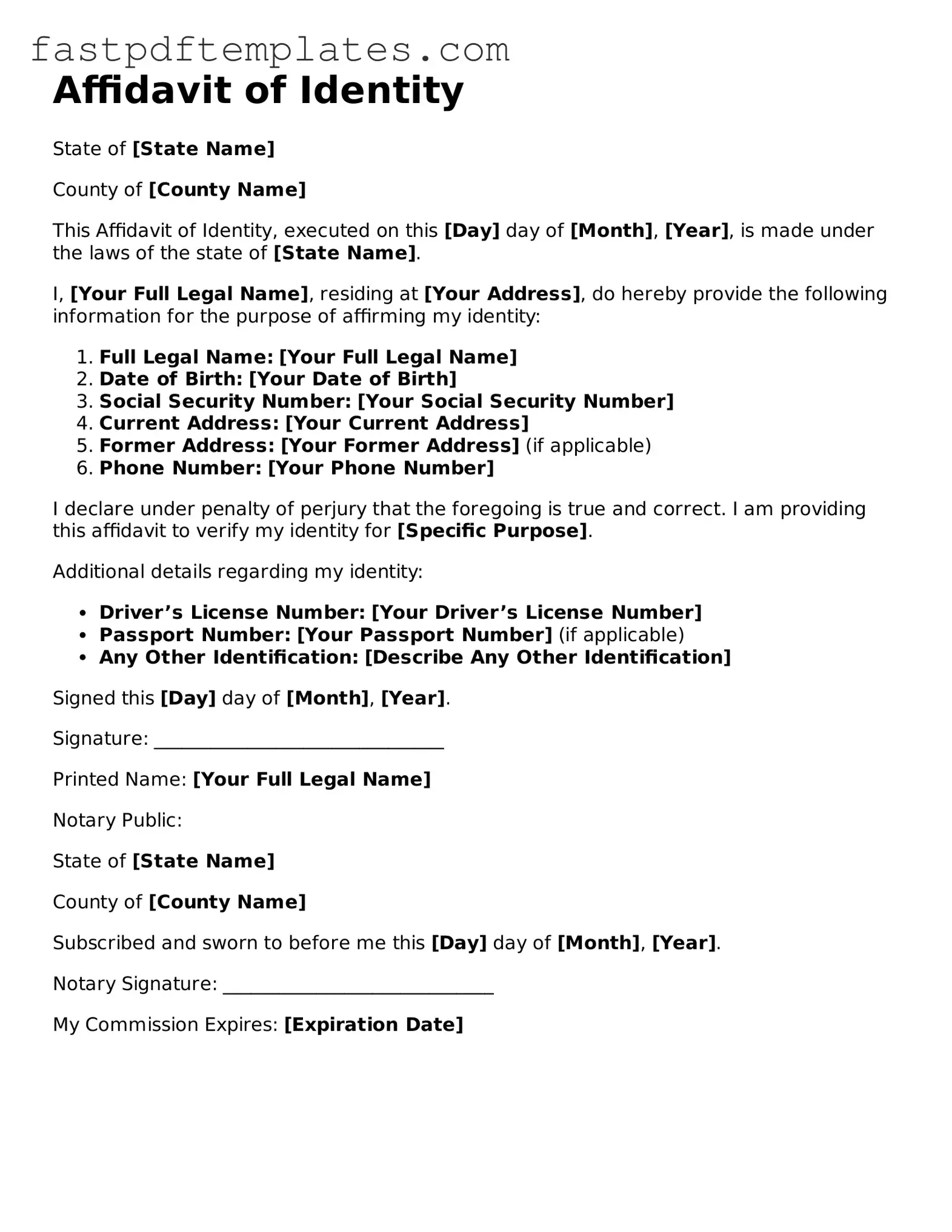Fillable Affidavit of Identity Document
