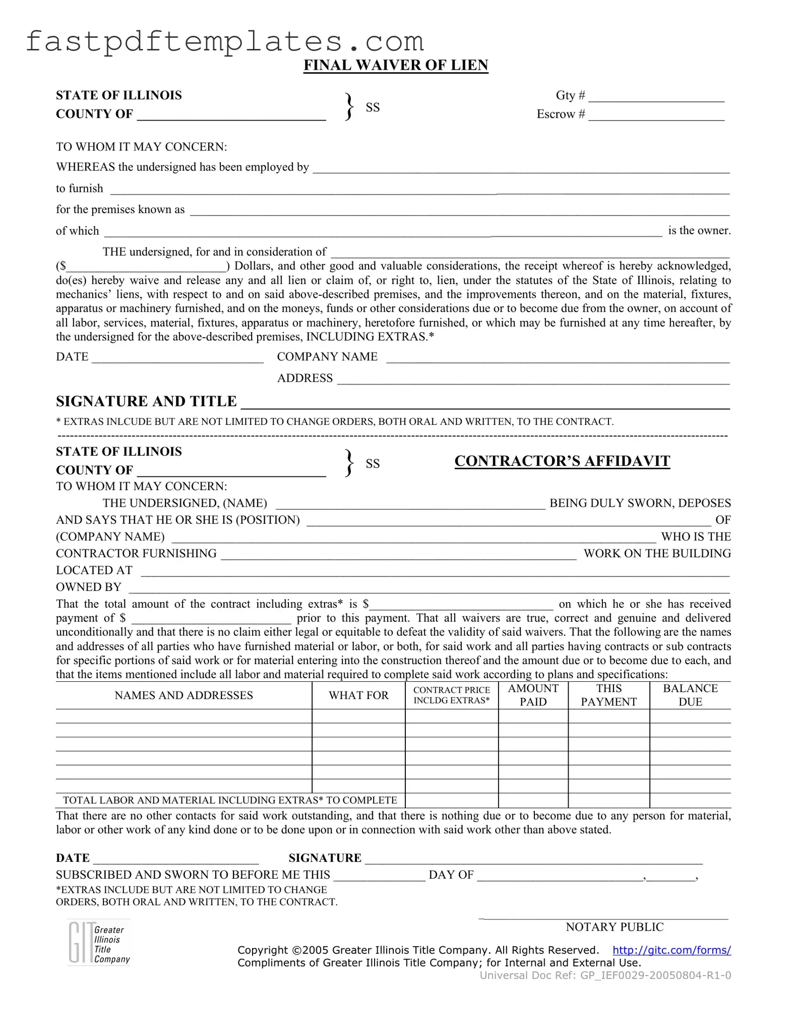 Blank Illinois Final Waiver Of Lien Form