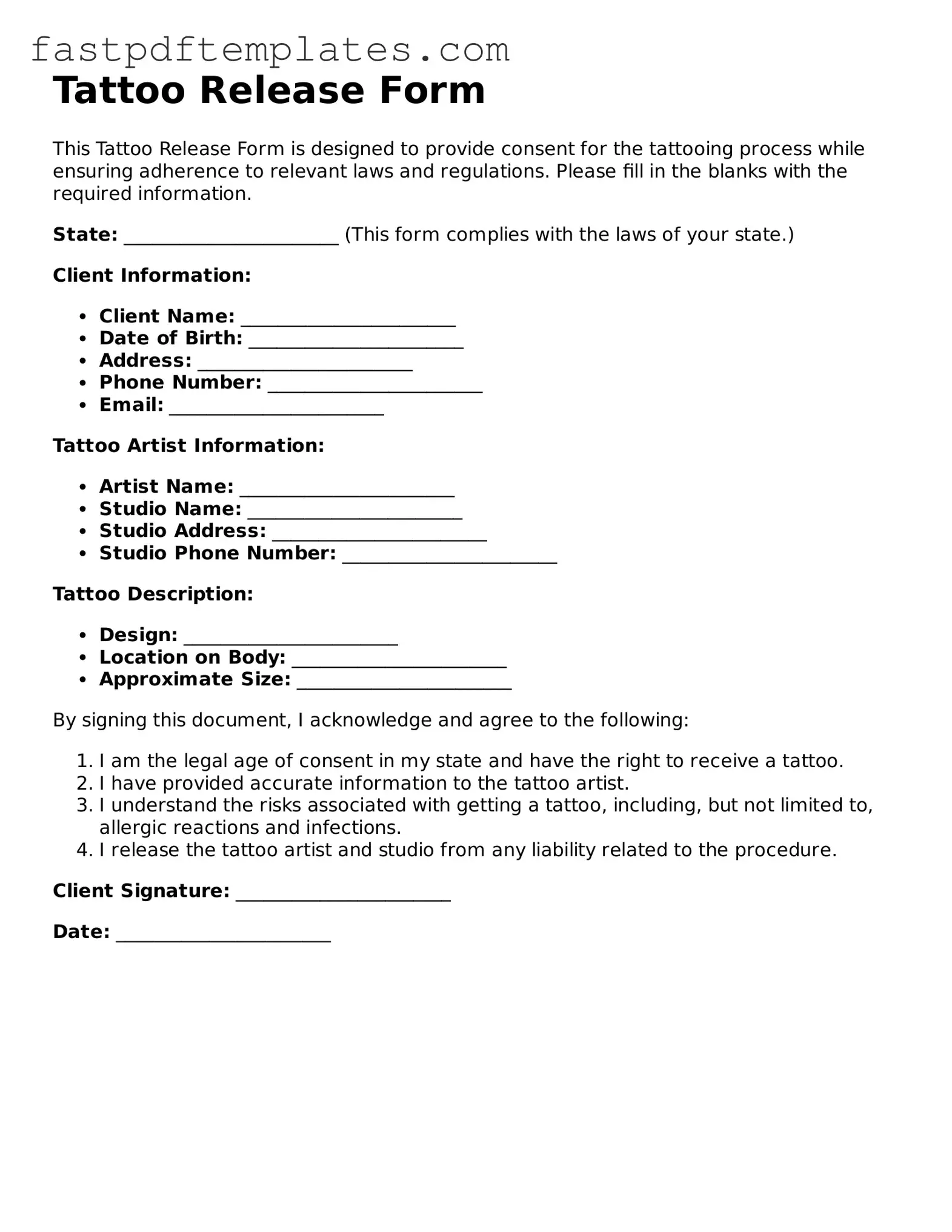 Fillable Tattoo Release Document