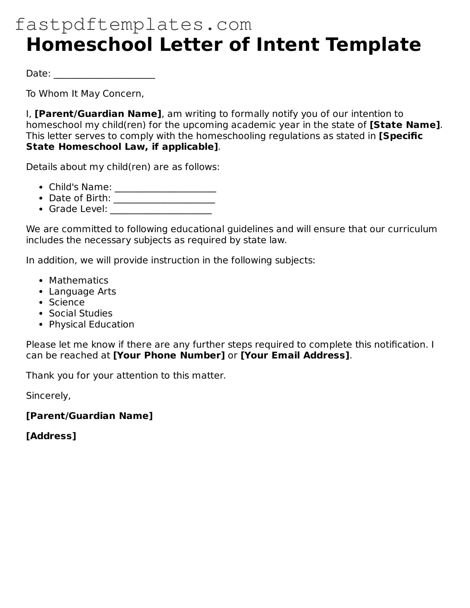 Fillable Homeschool Letter of Intent Document