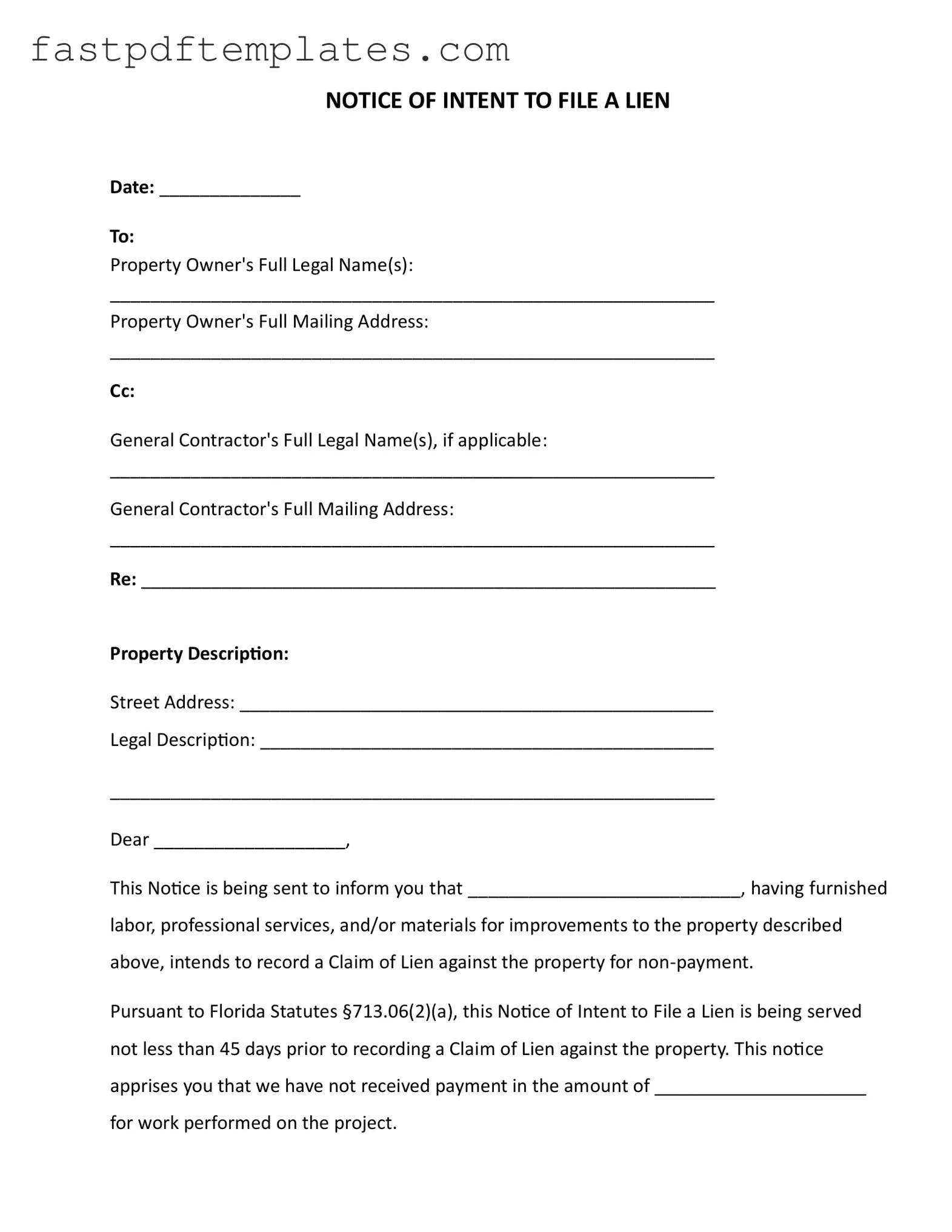 Blank Intent To Lien Florida Form