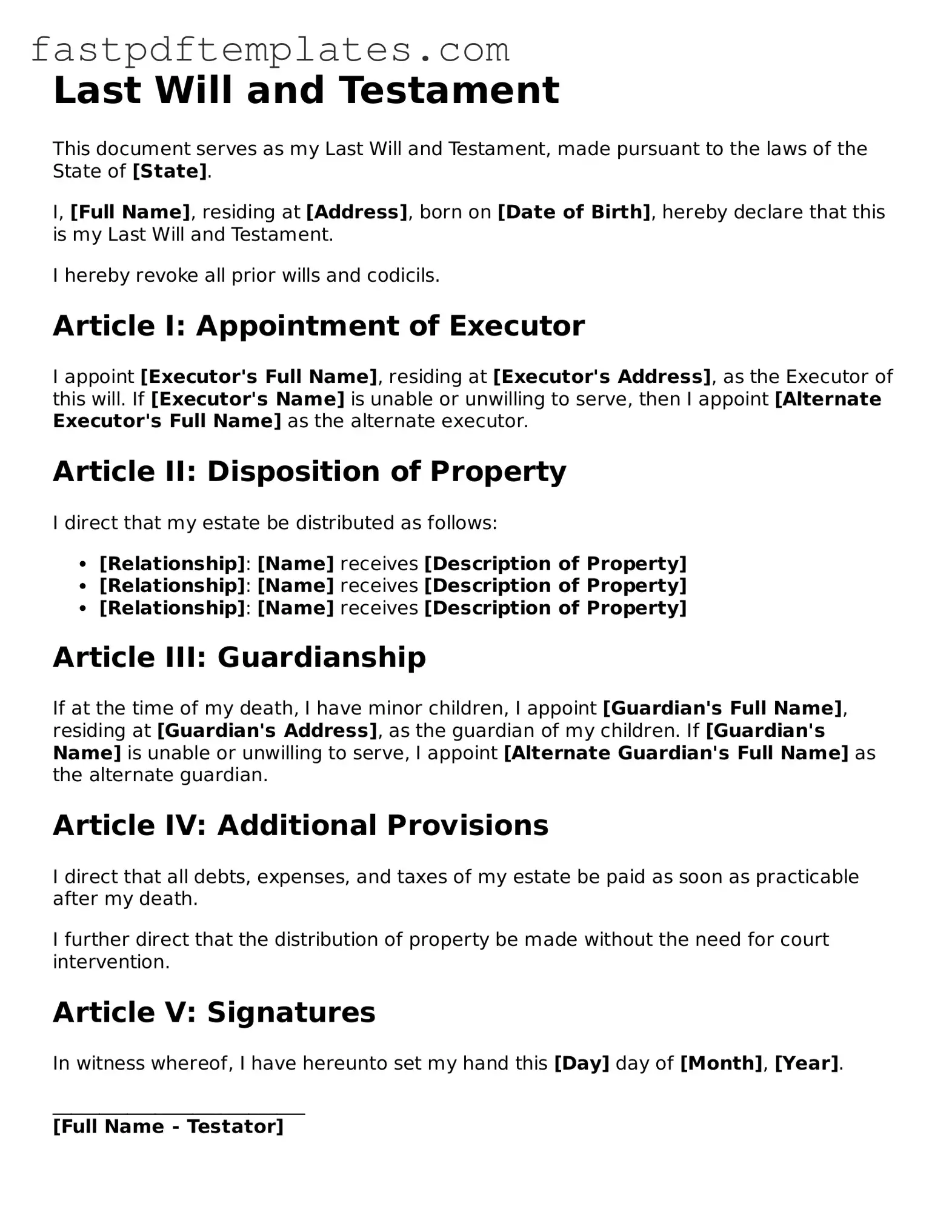Fillable Last Will and Testament Document
