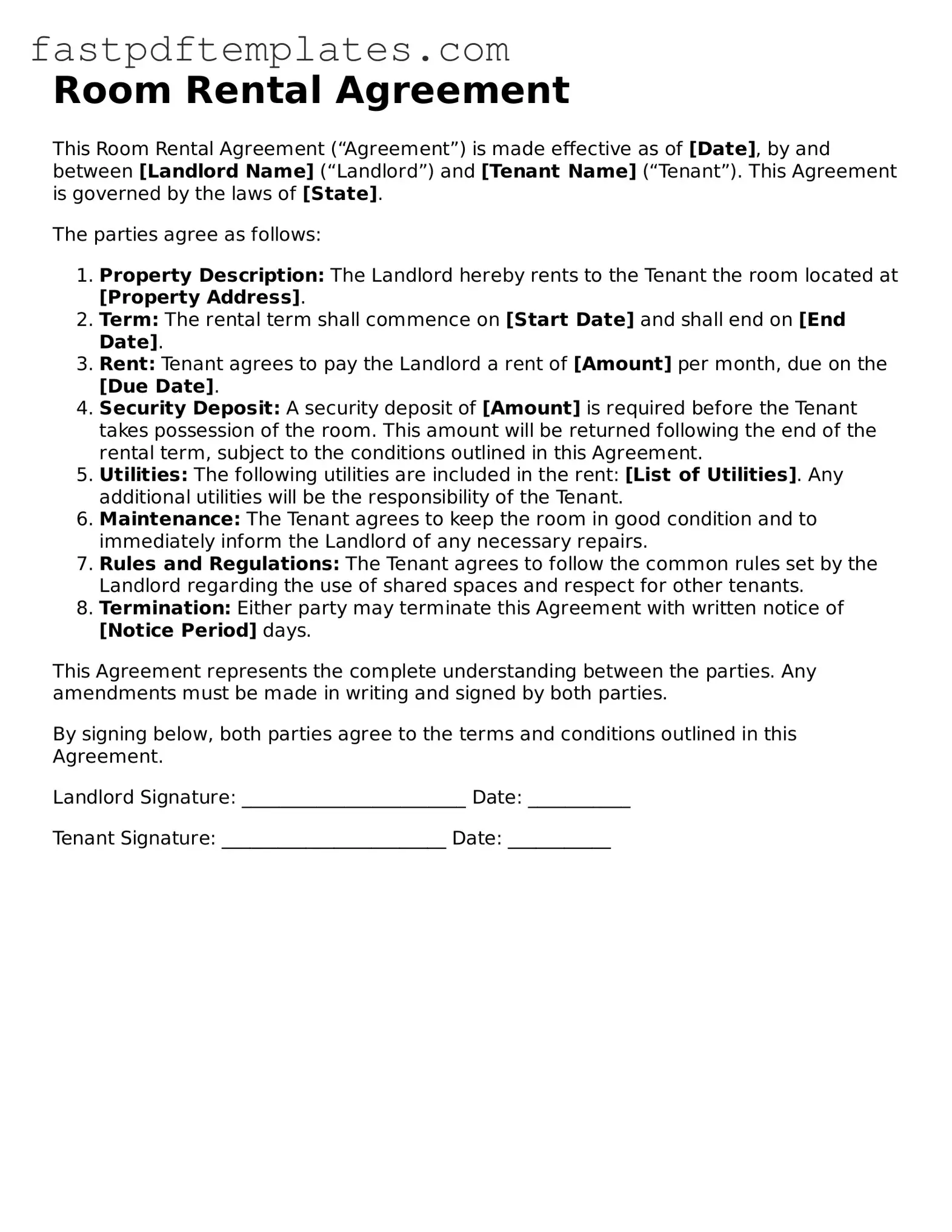 Fillable Room Rental Agreement Document