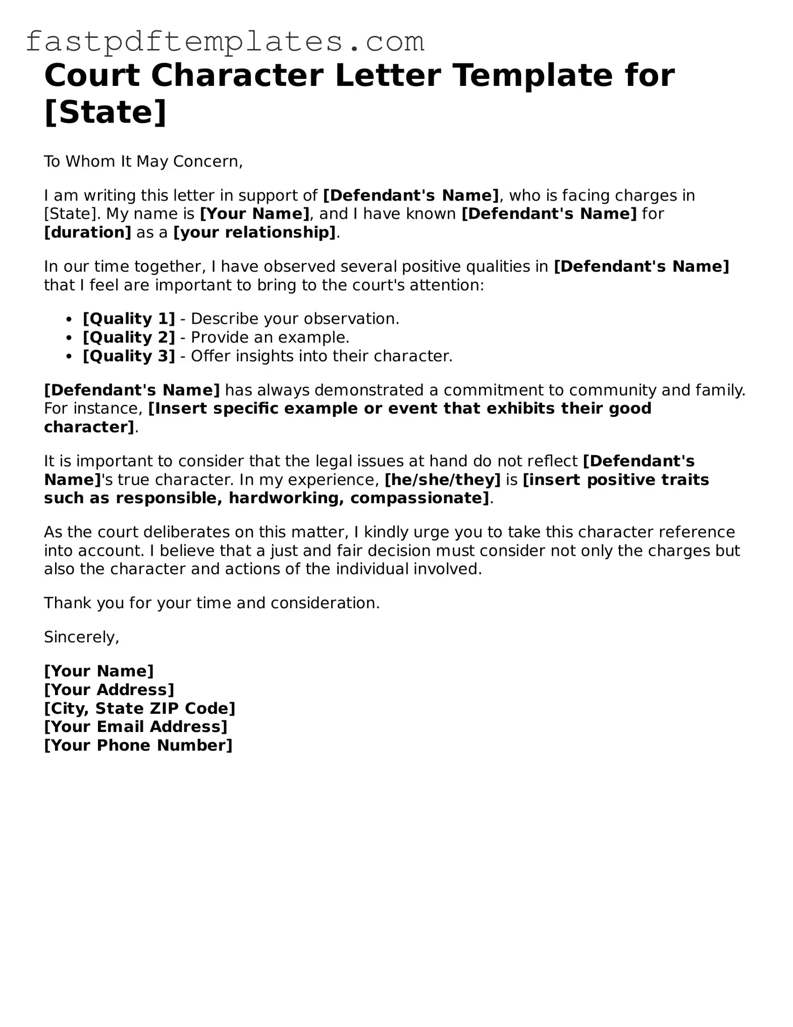 Fillable Character Letter for Court Document