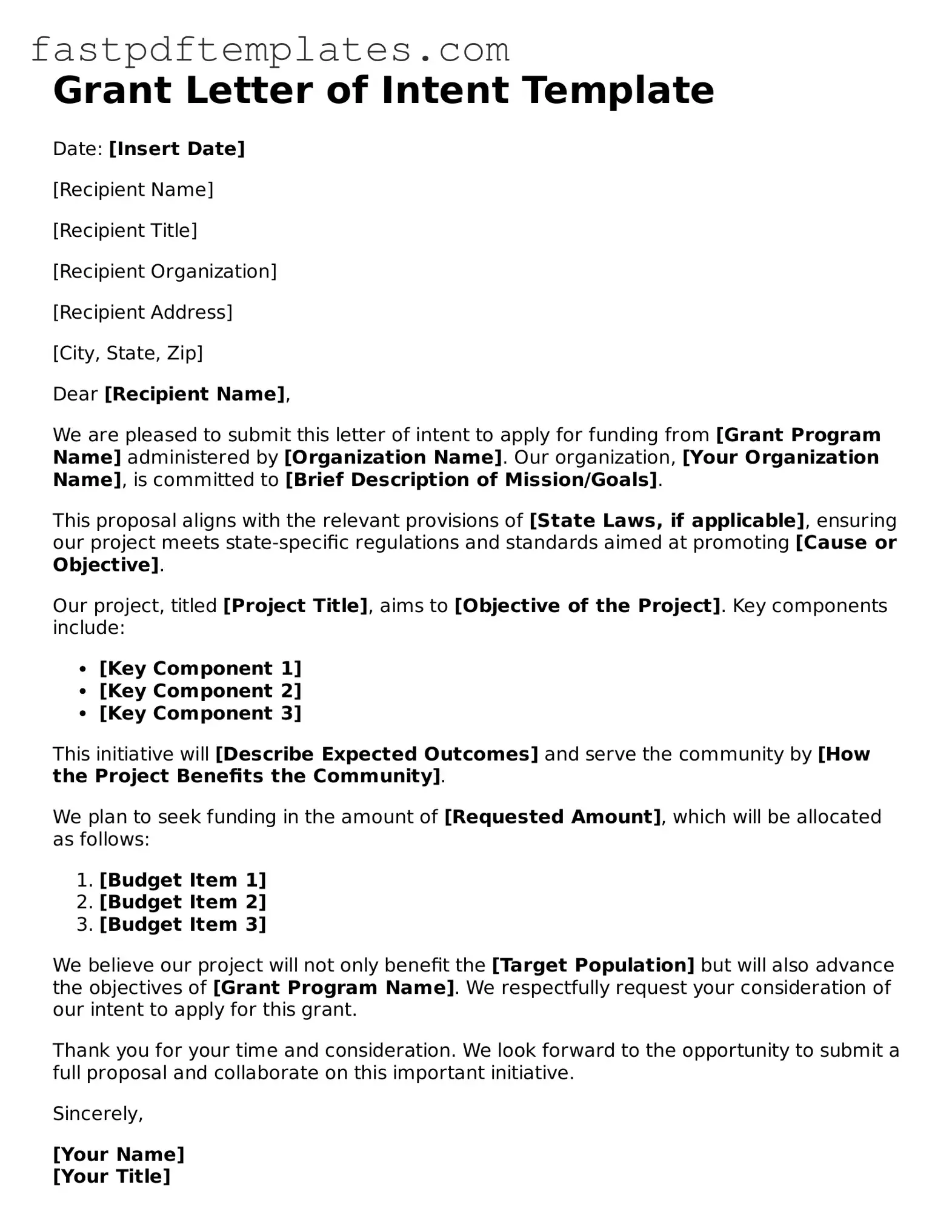 Fillable Grant Letter of Intent Document