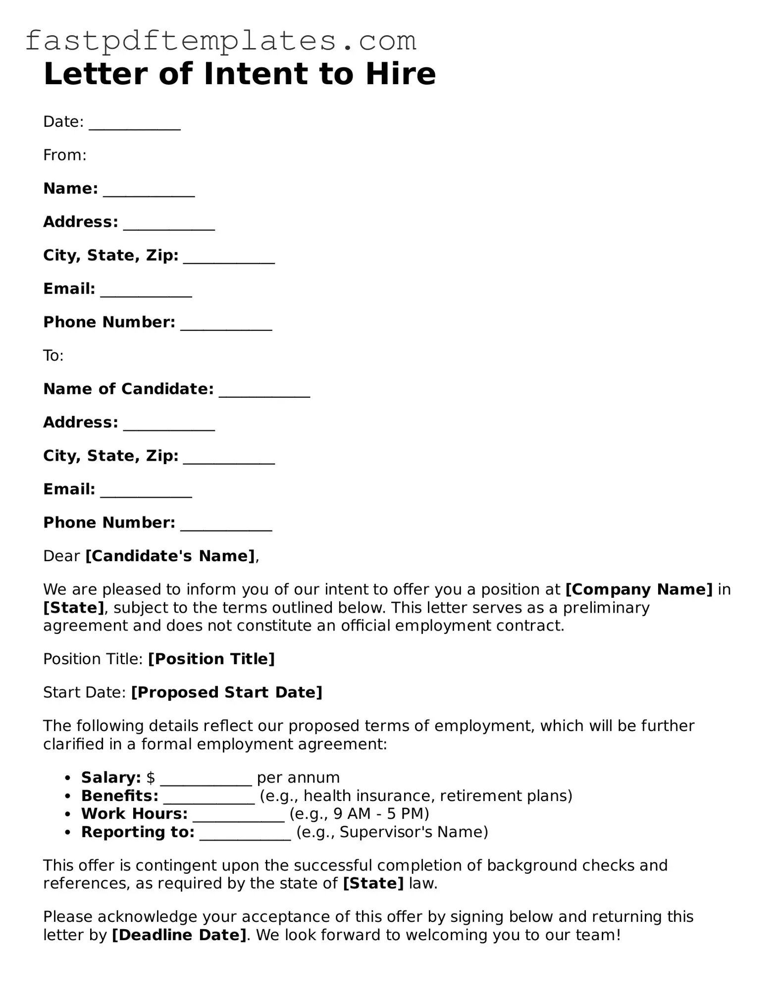 Fillable Letter of Intent to Hire Document