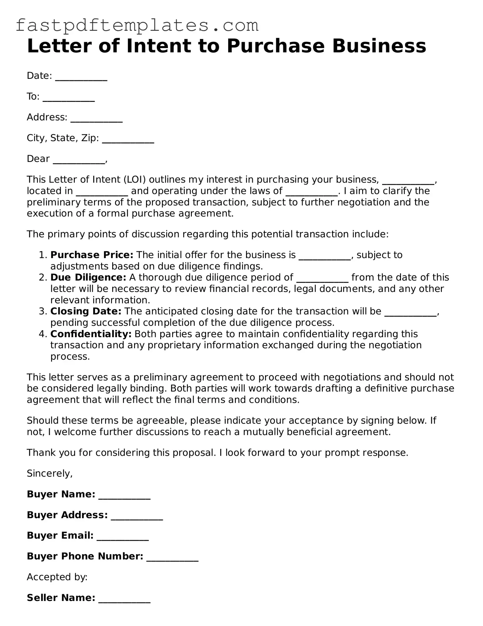 Fillable Letter of Intent to Purchase Business Document