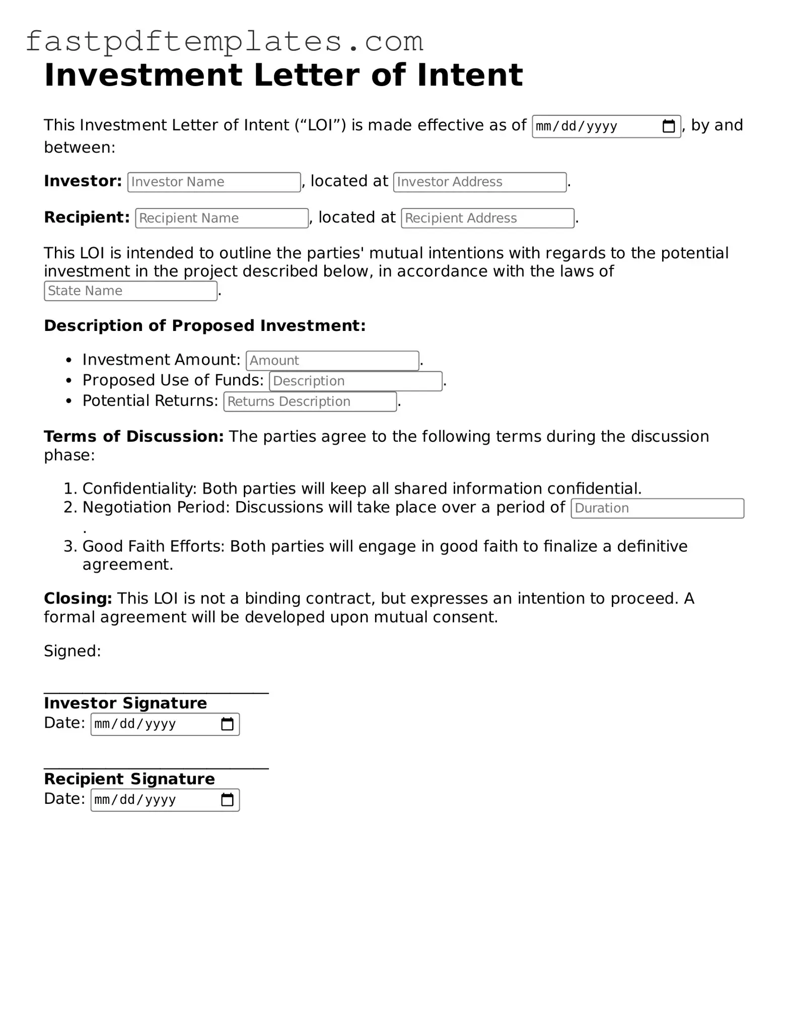 Fillable Investment Letter of Intent Document