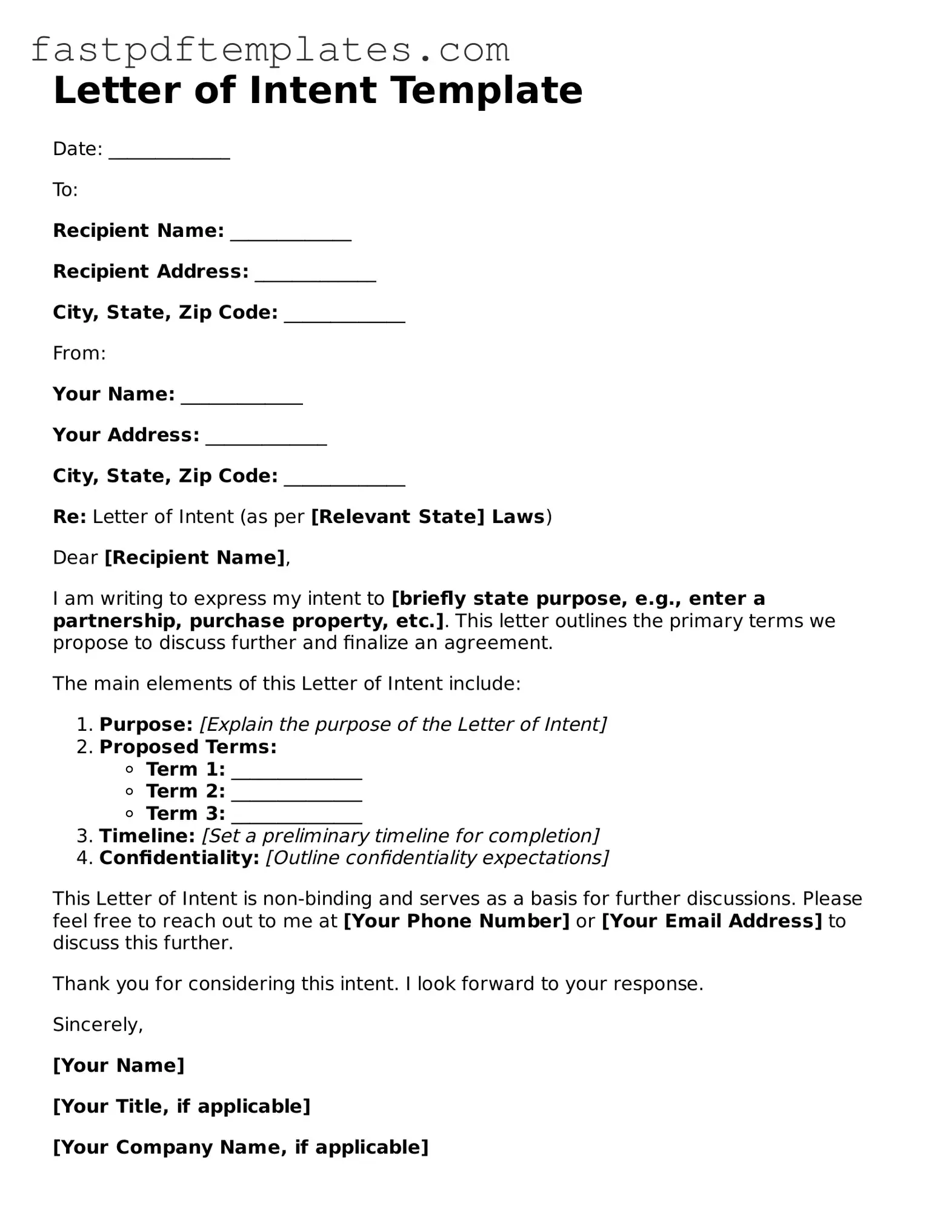 Fillable Letter of Intent Document