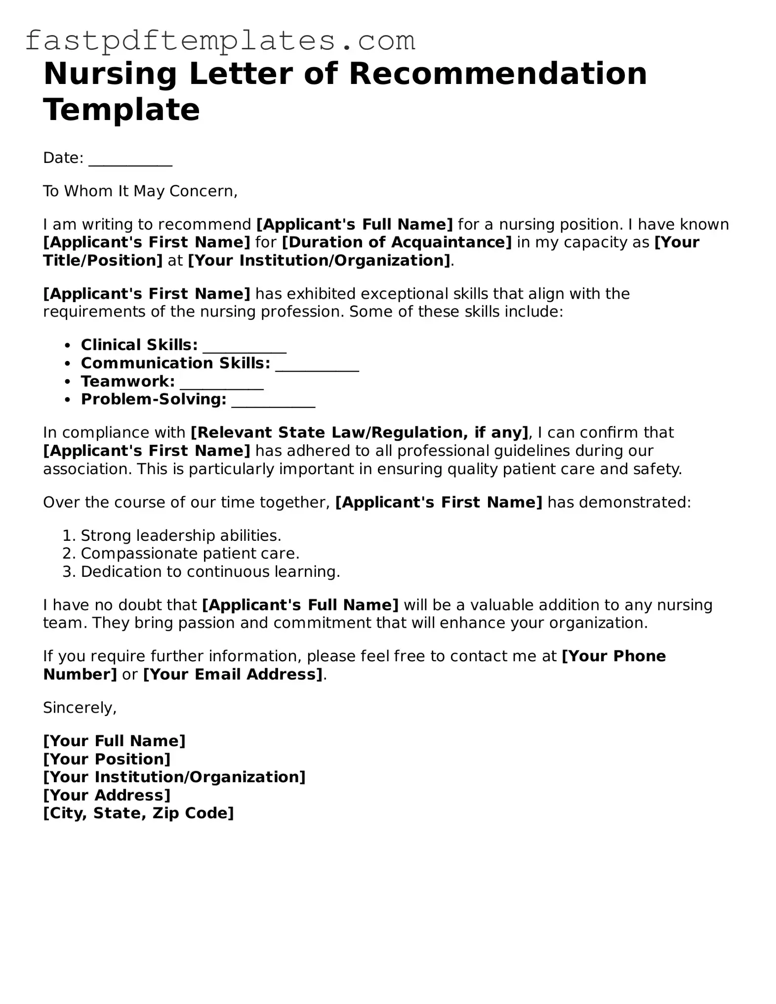 Fillable Nursing Letter of Recommendation Document