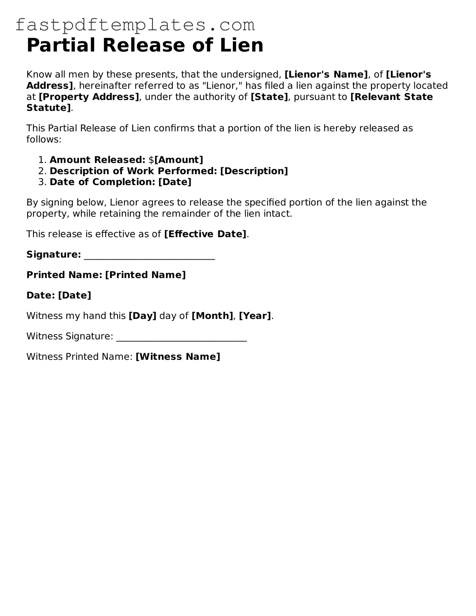Fillable Partial Release of Lien Document