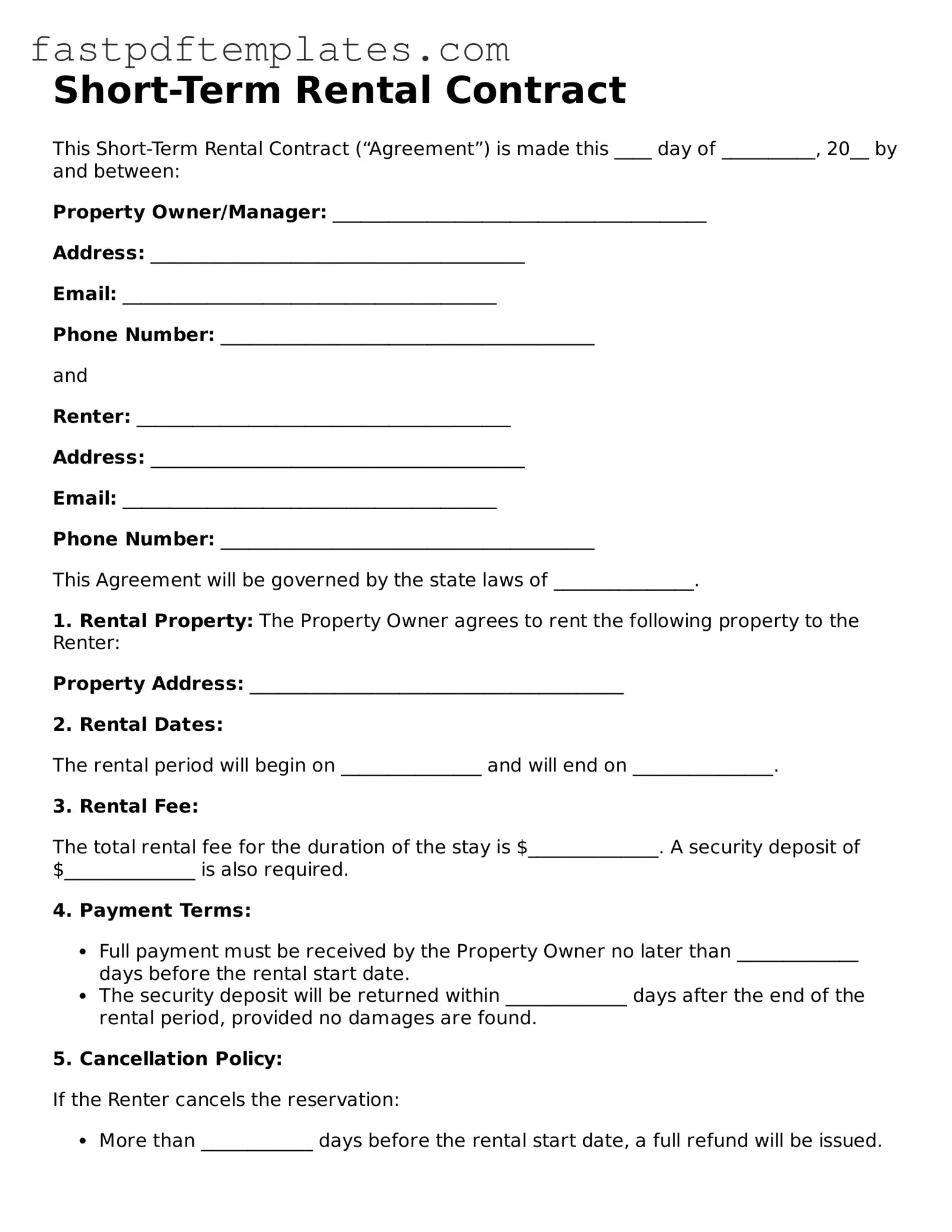 Fillable Short-Term Rental Contract Document