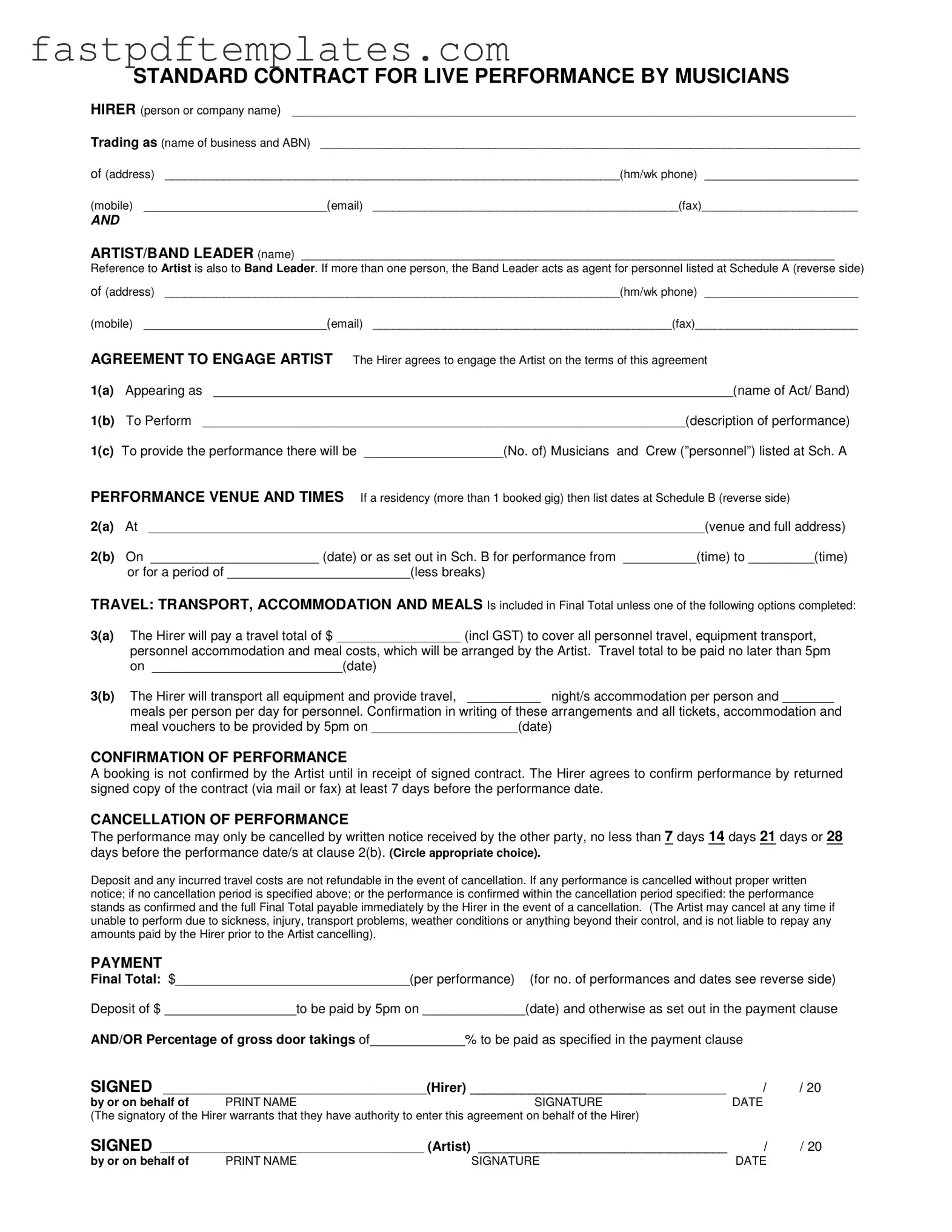 Blank Live Performance Contract Form