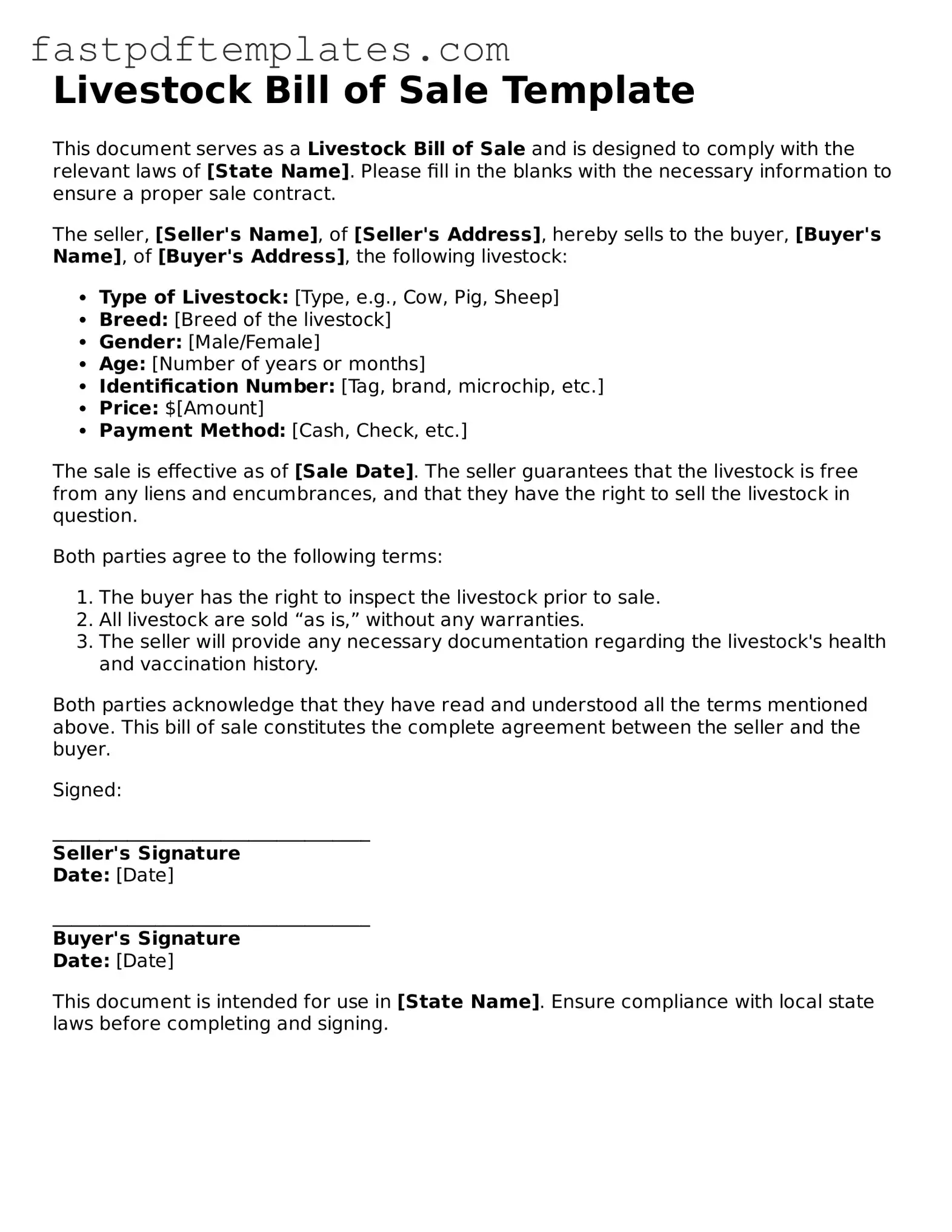 Fillable Livestock Bill of Sale Document