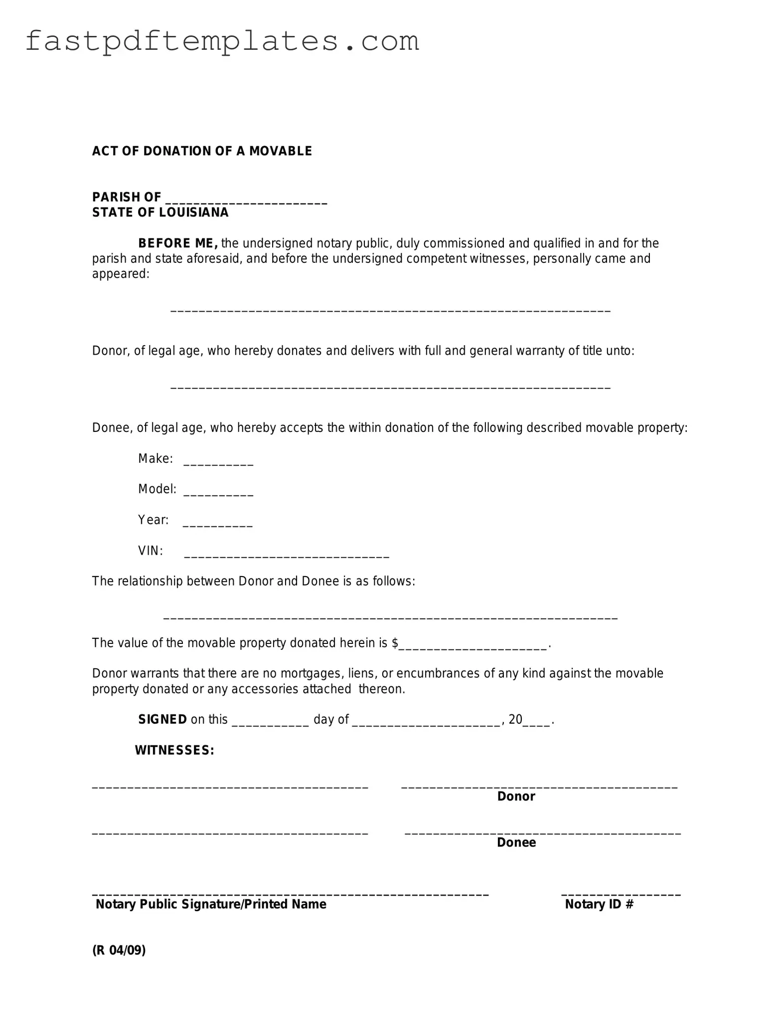 Blank Louisiana act of donation Form