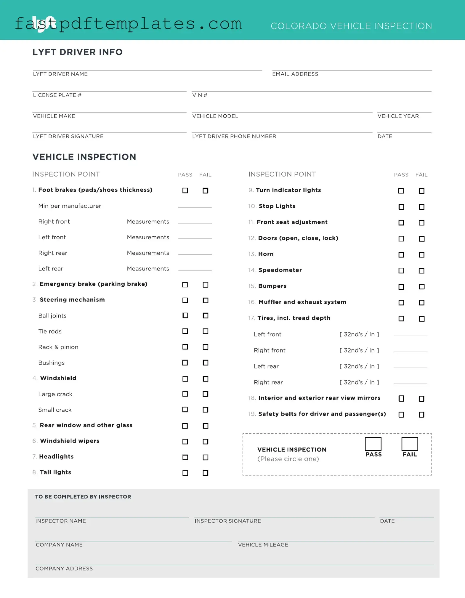 Blank Lyft Inspection Form