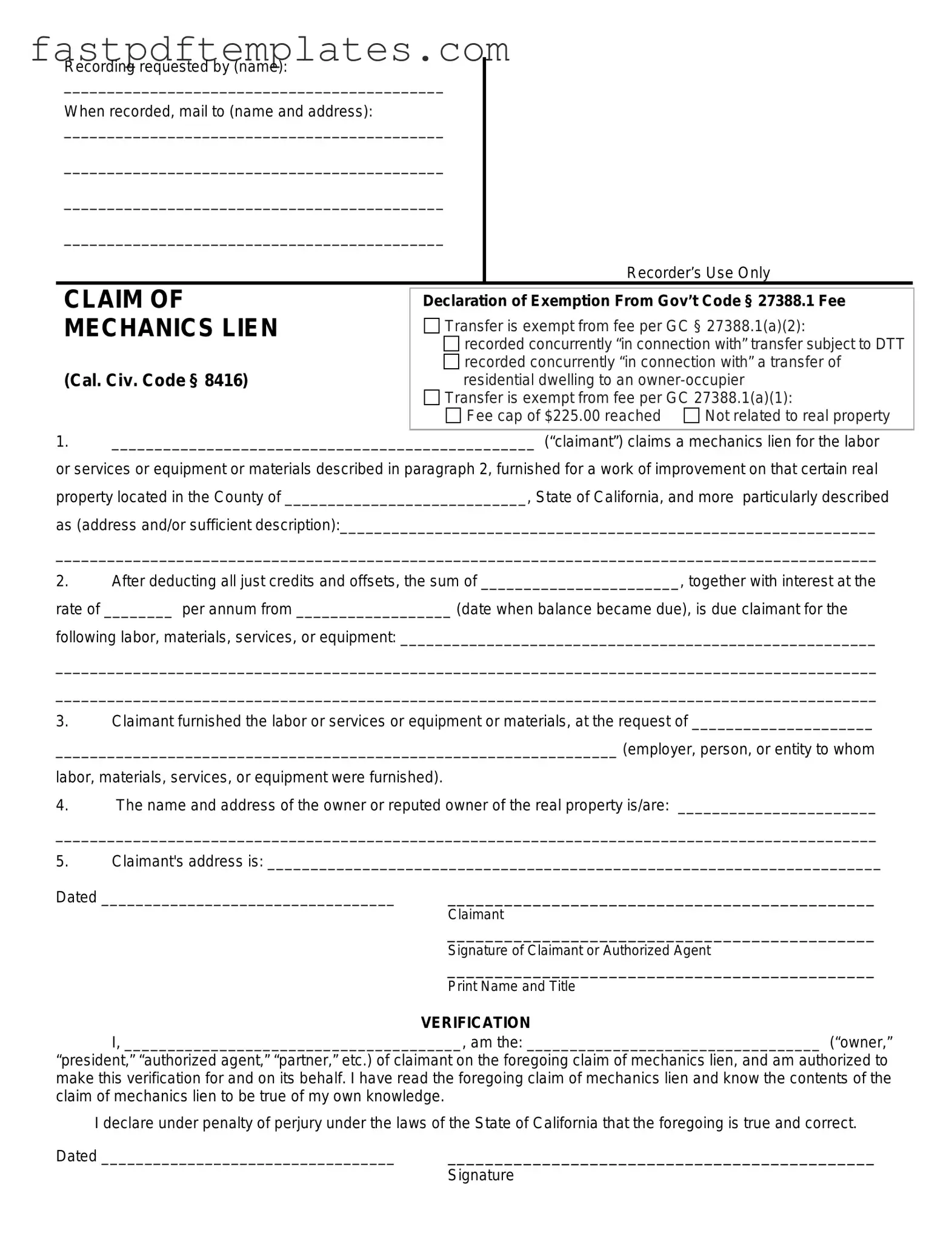 Blank Mechanics Lien California Form