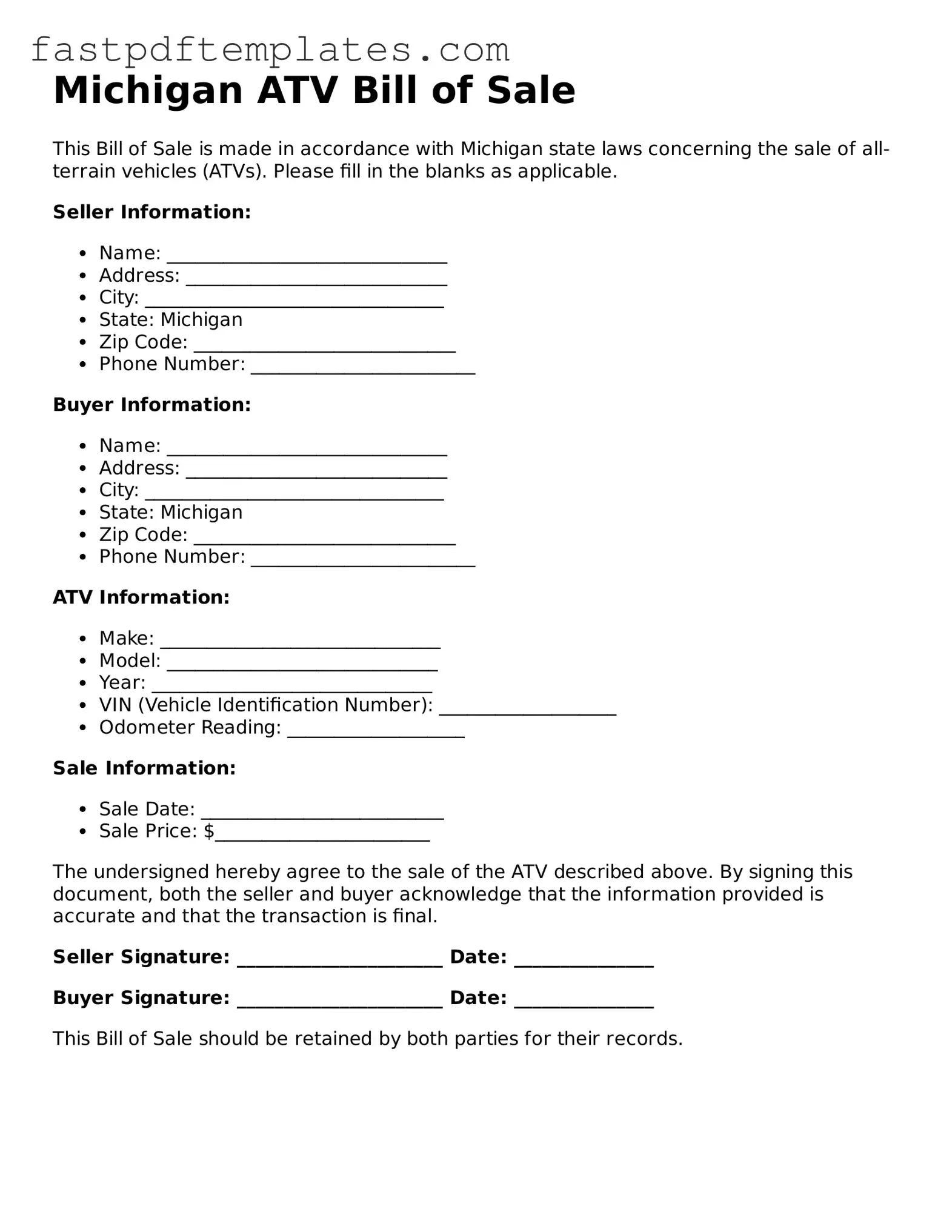 Attorney-Approved Michigan ATV Bill of Sale Document