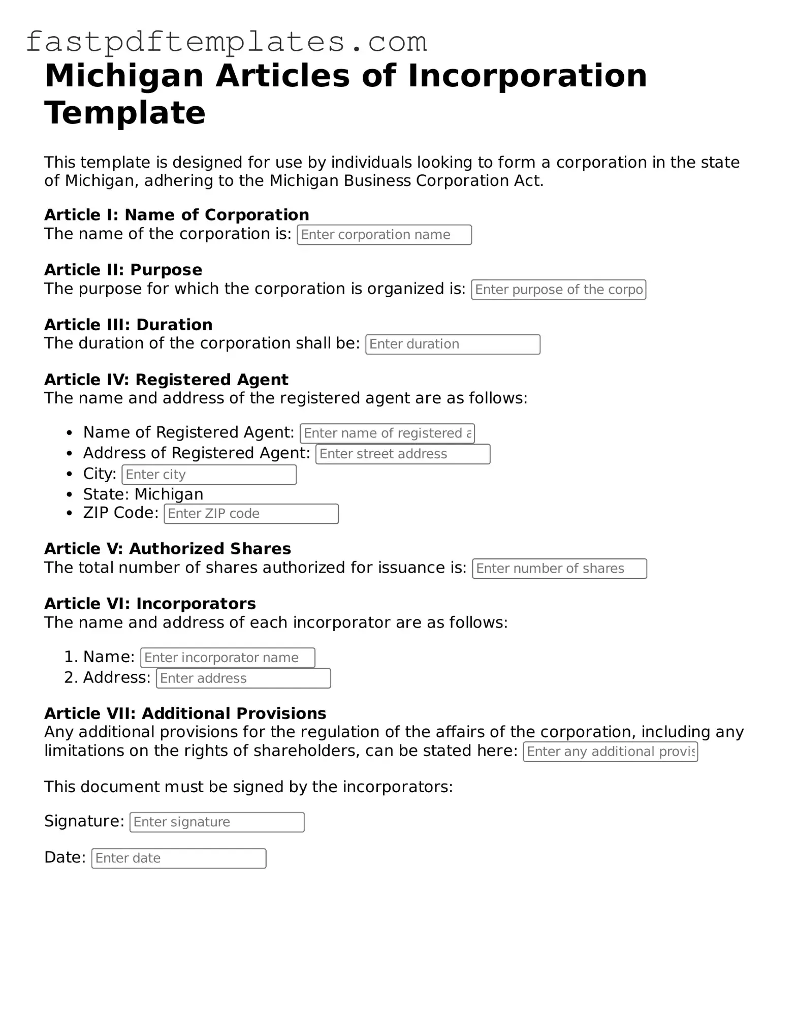 Attorney-Approved Michigan Articles of Incorporation Document