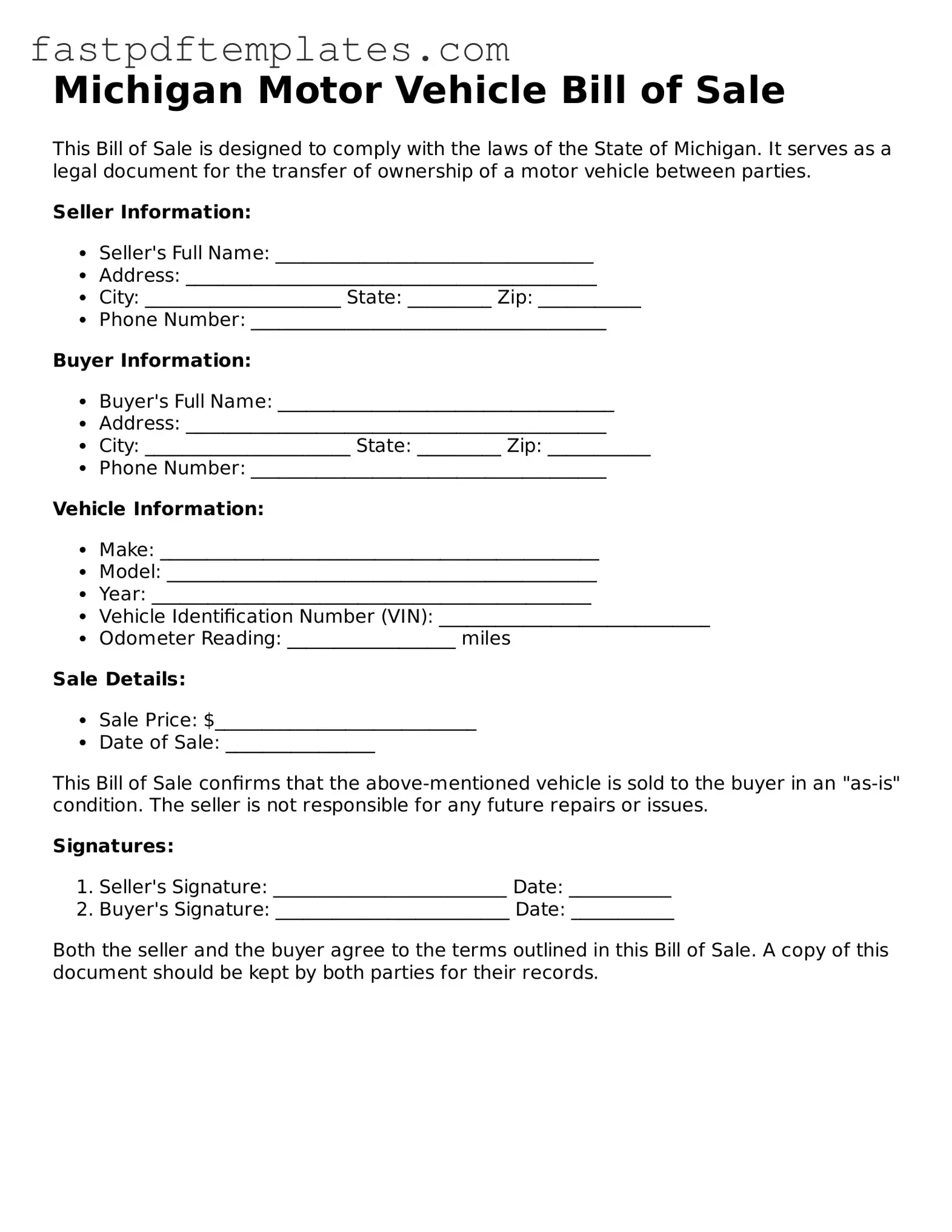 Attorney-Approved Michigan Motor Vehicle Bill of Sale Document