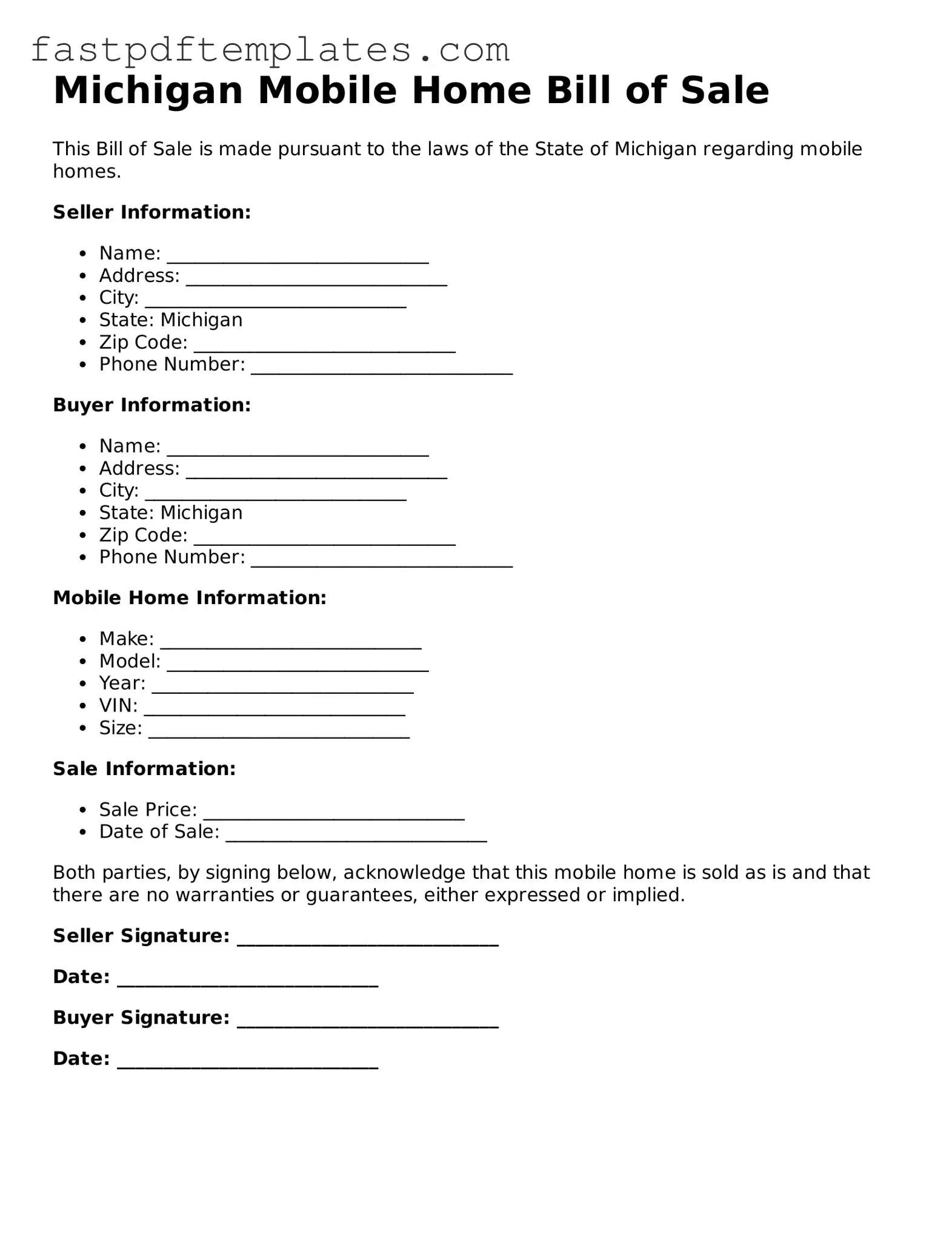 Attorney-Approved Michigan Mobile Home Bill of Sale Document
