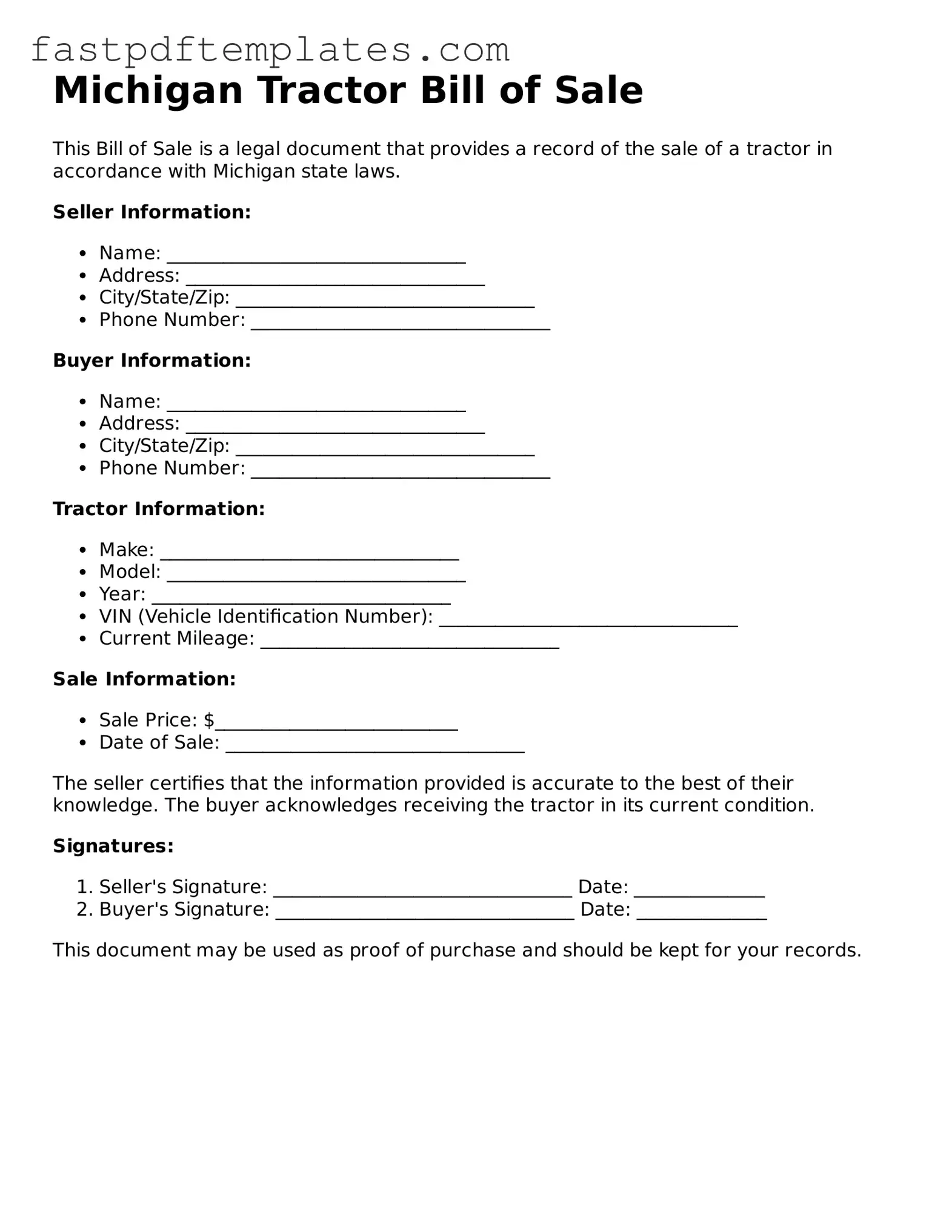 Attorney-Approved Michigan Tractor Bill of Sale Document