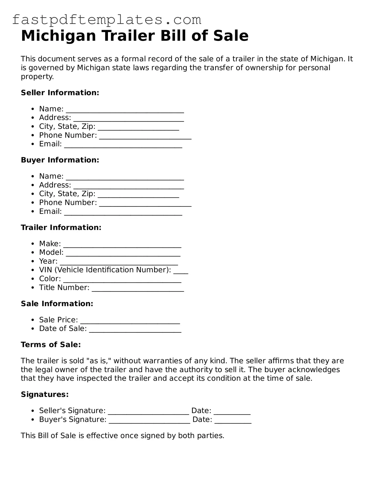 Attorney-Approved Michigan Trailer Bill of Sale Document