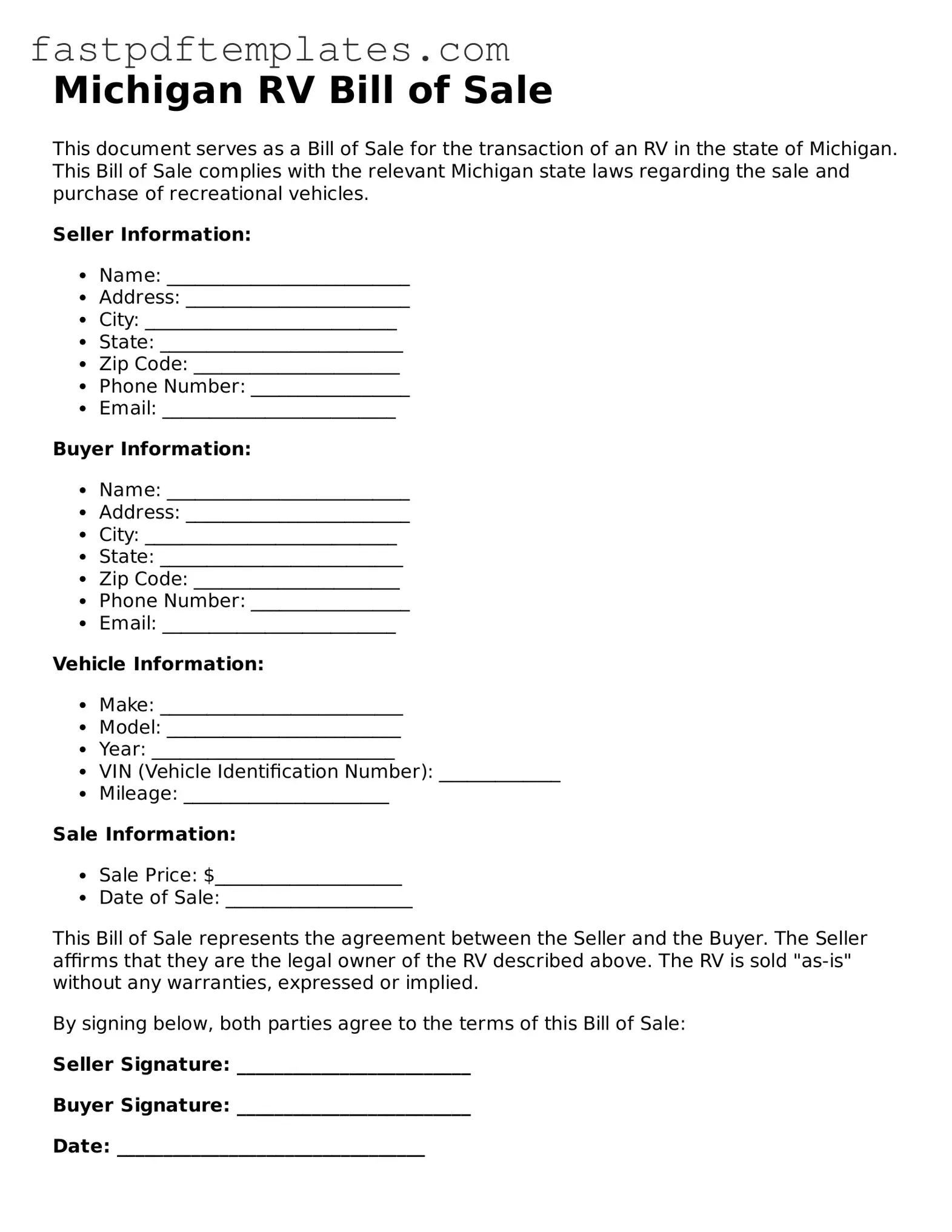 Attorney-Approved Michigan RV Bill of Sale Document