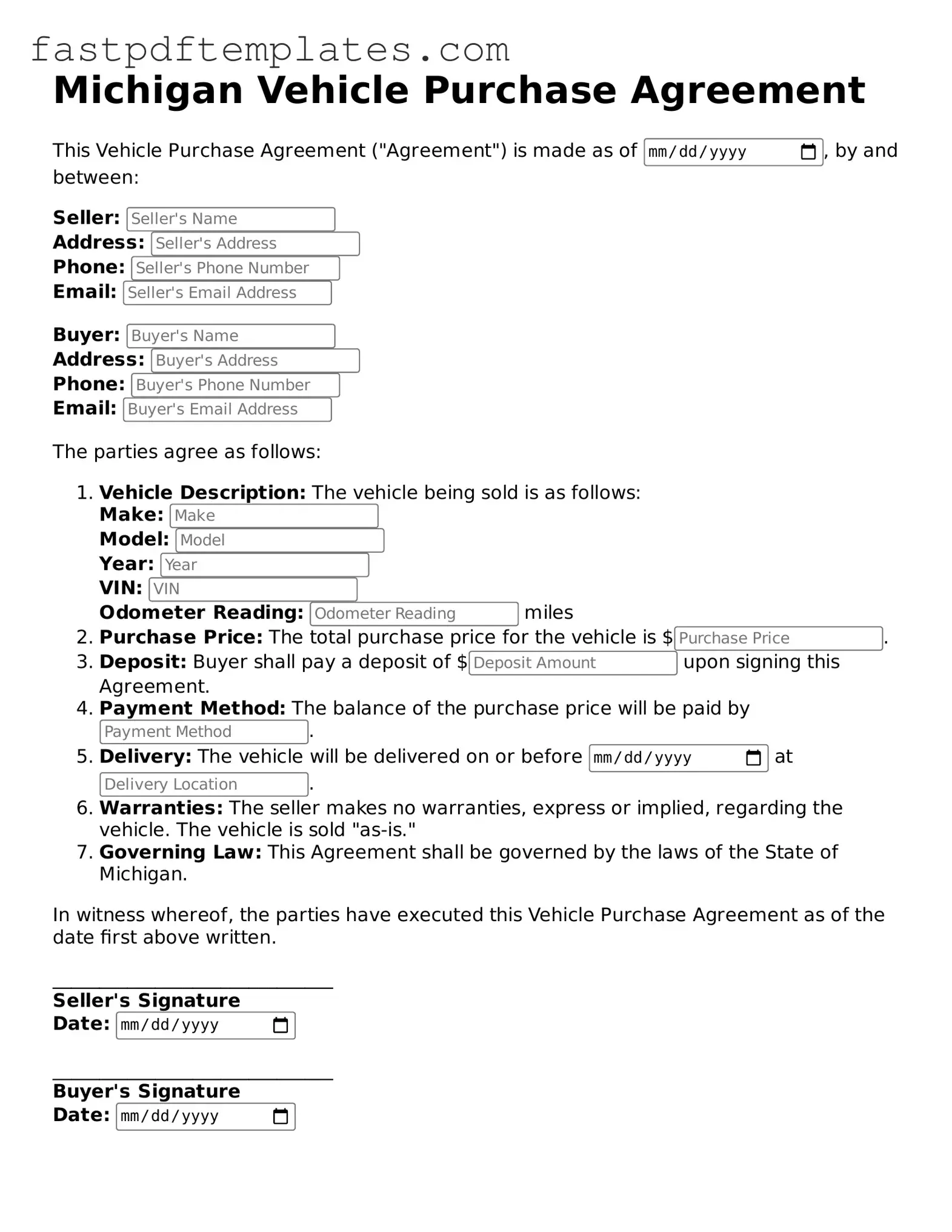 Attorney-Approved Michigan Vehicle Purchase Agreement Document