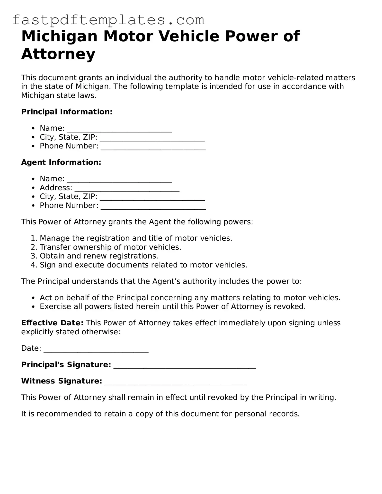 Attorney-Approved Michigan Motor Vehicle Power of Attorney Document