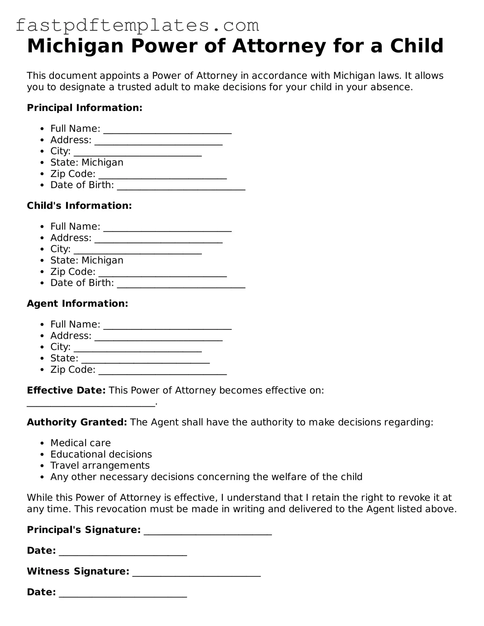 Attorney-Approved Michigan Power of Attorney for a Child Document