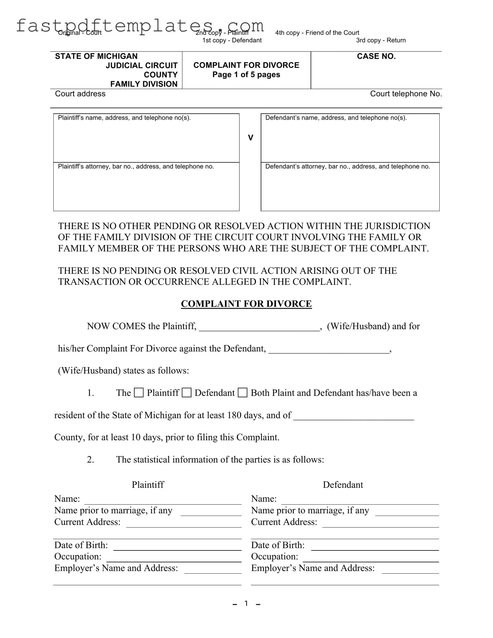 Blank Michigan Complaint Divorce Form