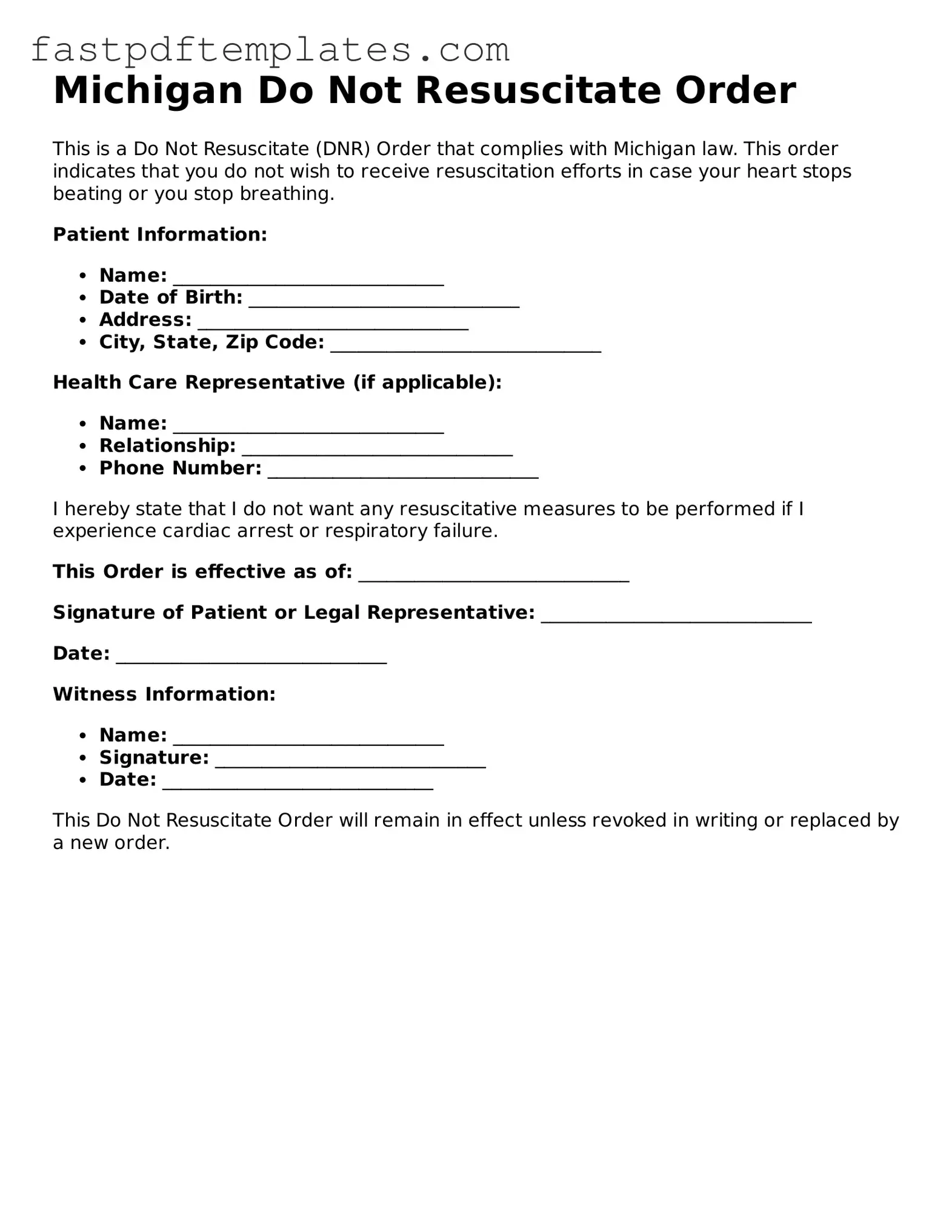 Attorney-Approved Michigan Do Not Resuscitate Order Document