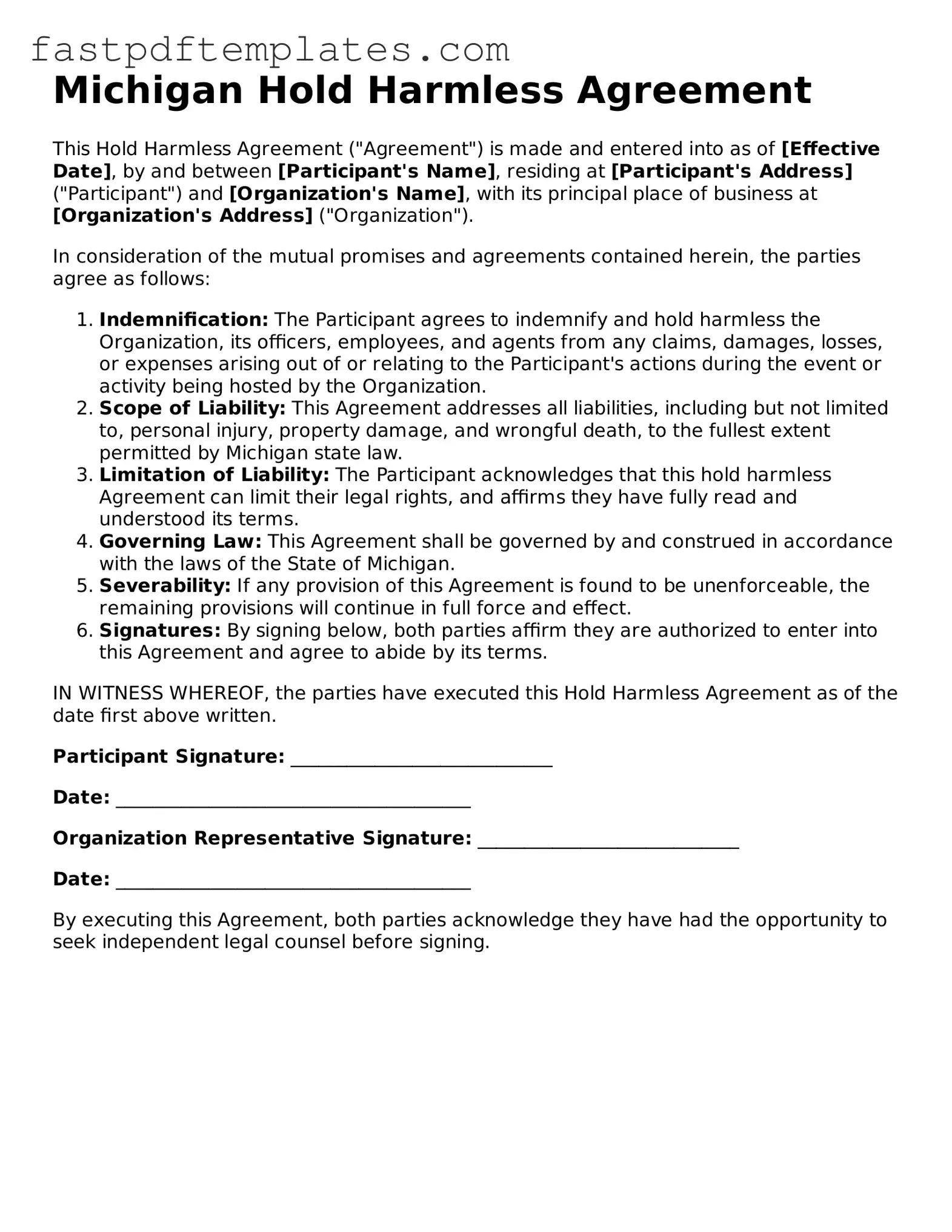 Attorney-Approved Michigan Hold Harmless Agreement Document
