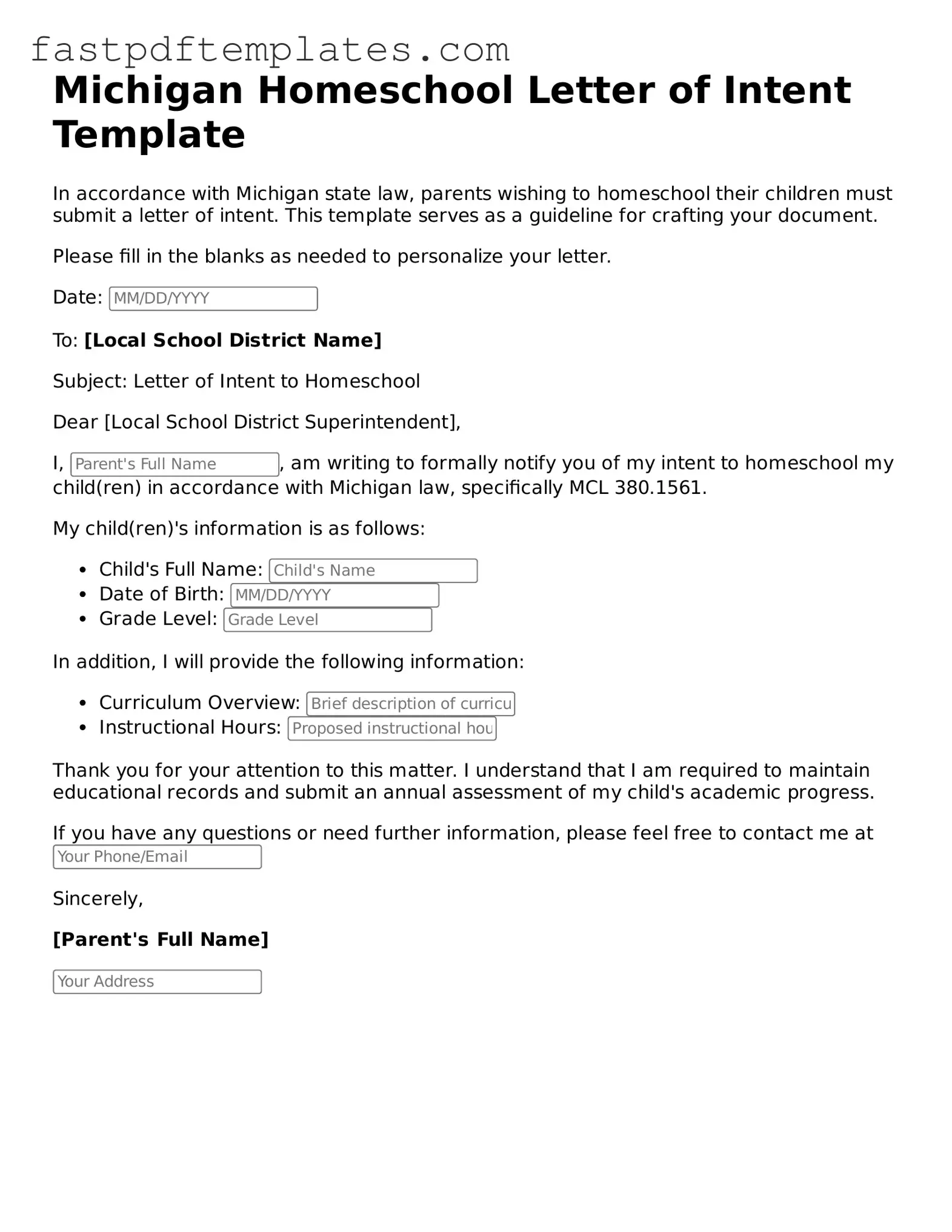 Attorney-Approved Michigan Homeschool Letter of Intent Document