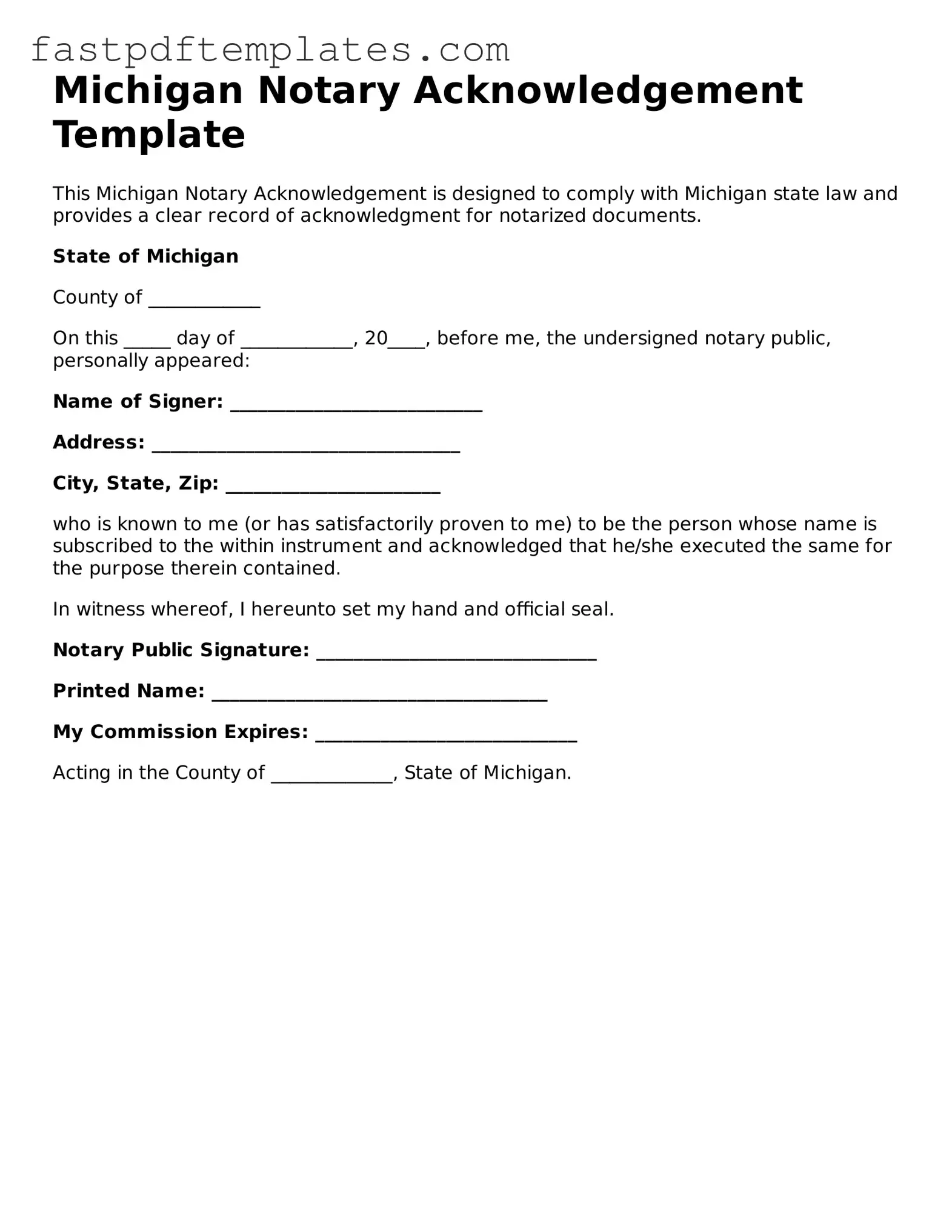 Attorney-Approved Michigan Notary Acknowledgement Document