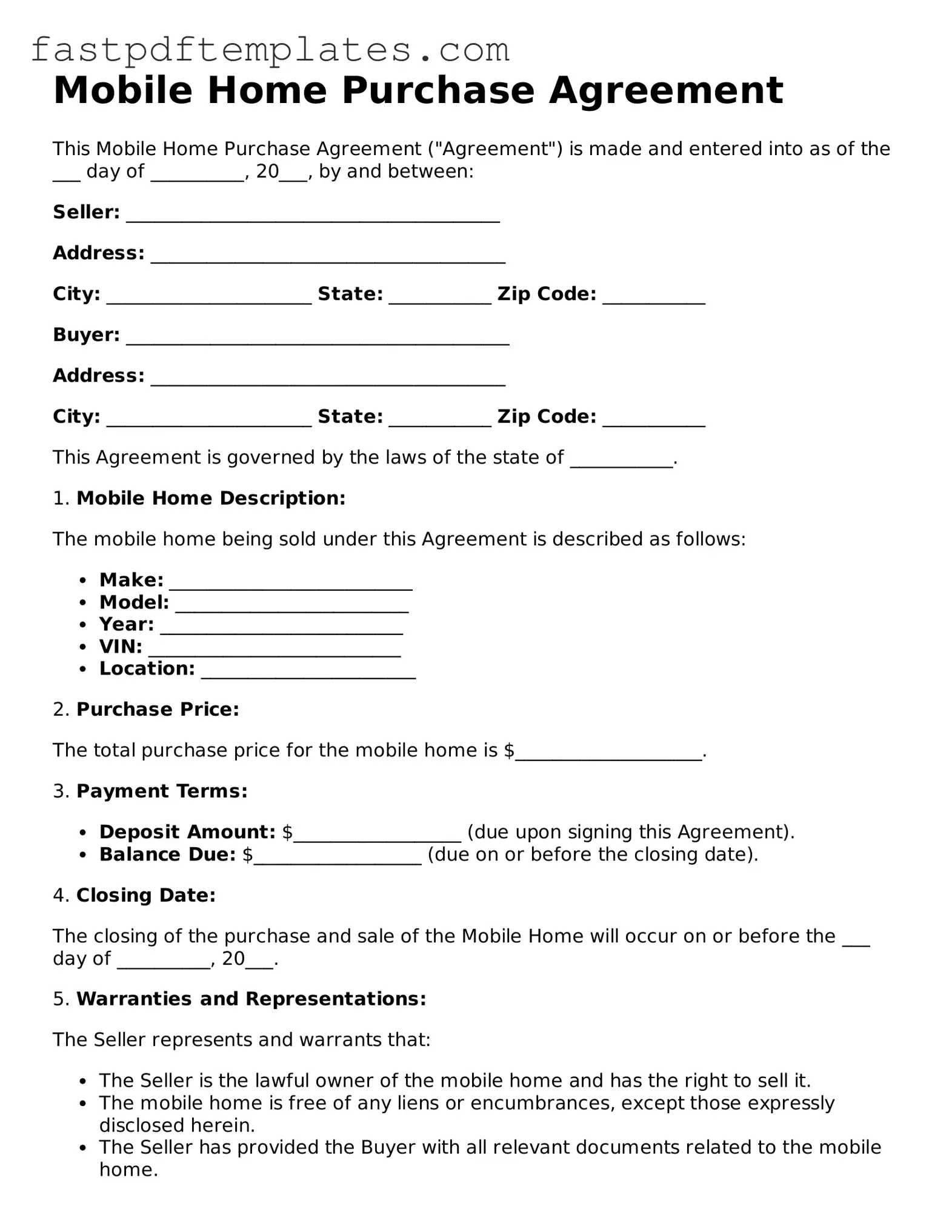 Fillable Mobile Home Purchase Agreement Document