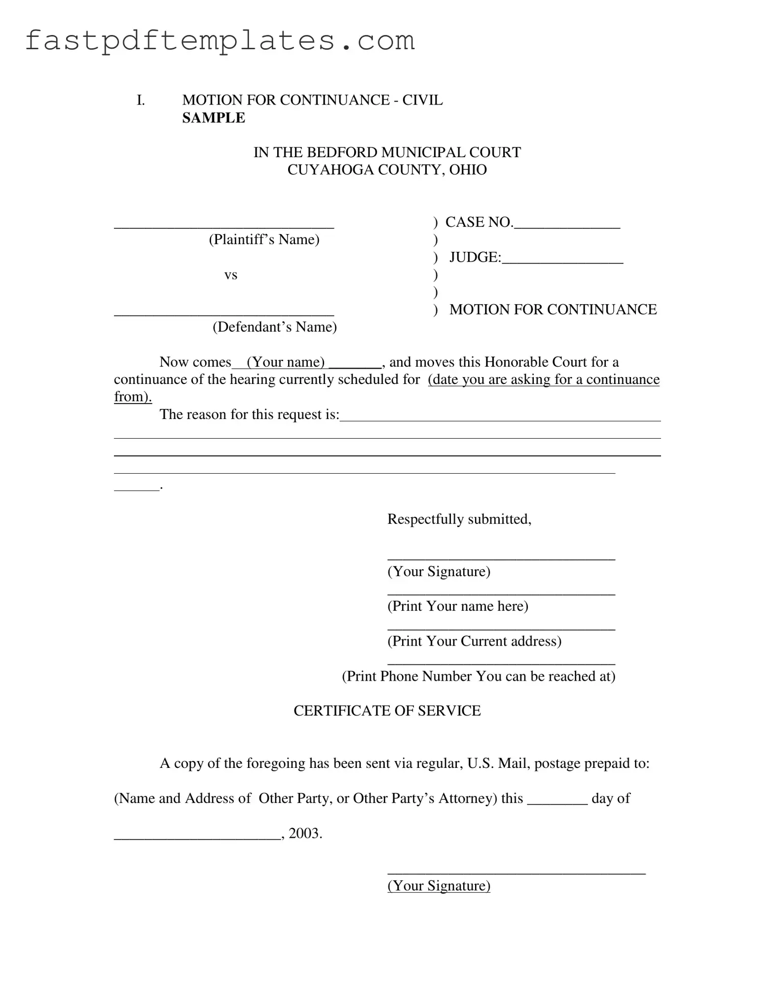 Blank Motion For Continuance Form