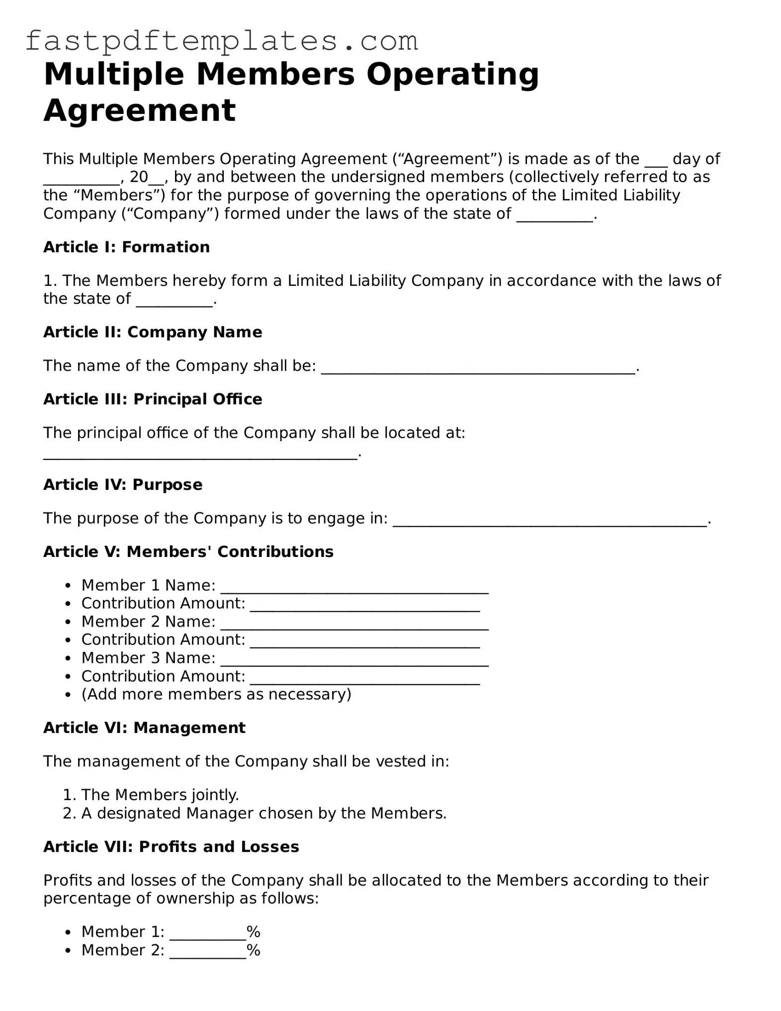 Fillable Multiple Members Operating Agreement Document