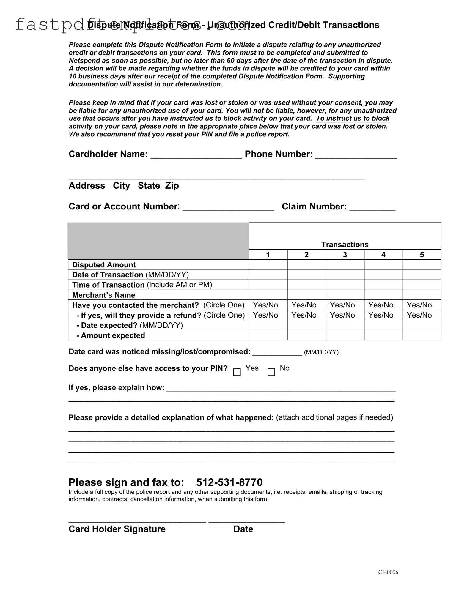 Blank Netspend Dispute Form
