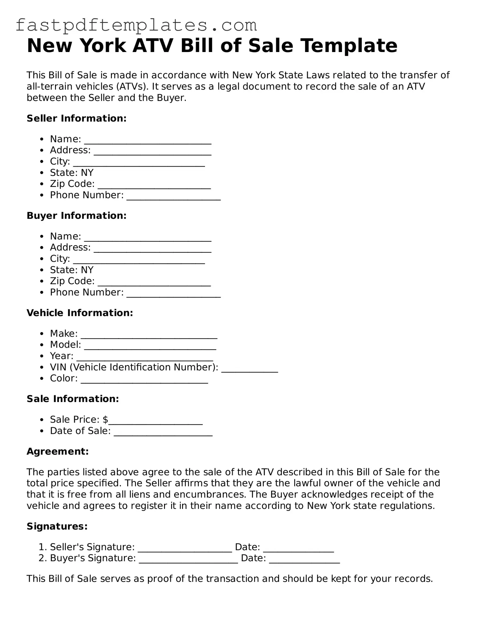 Attorney-Approved New York ATV Bill of Sale Document
