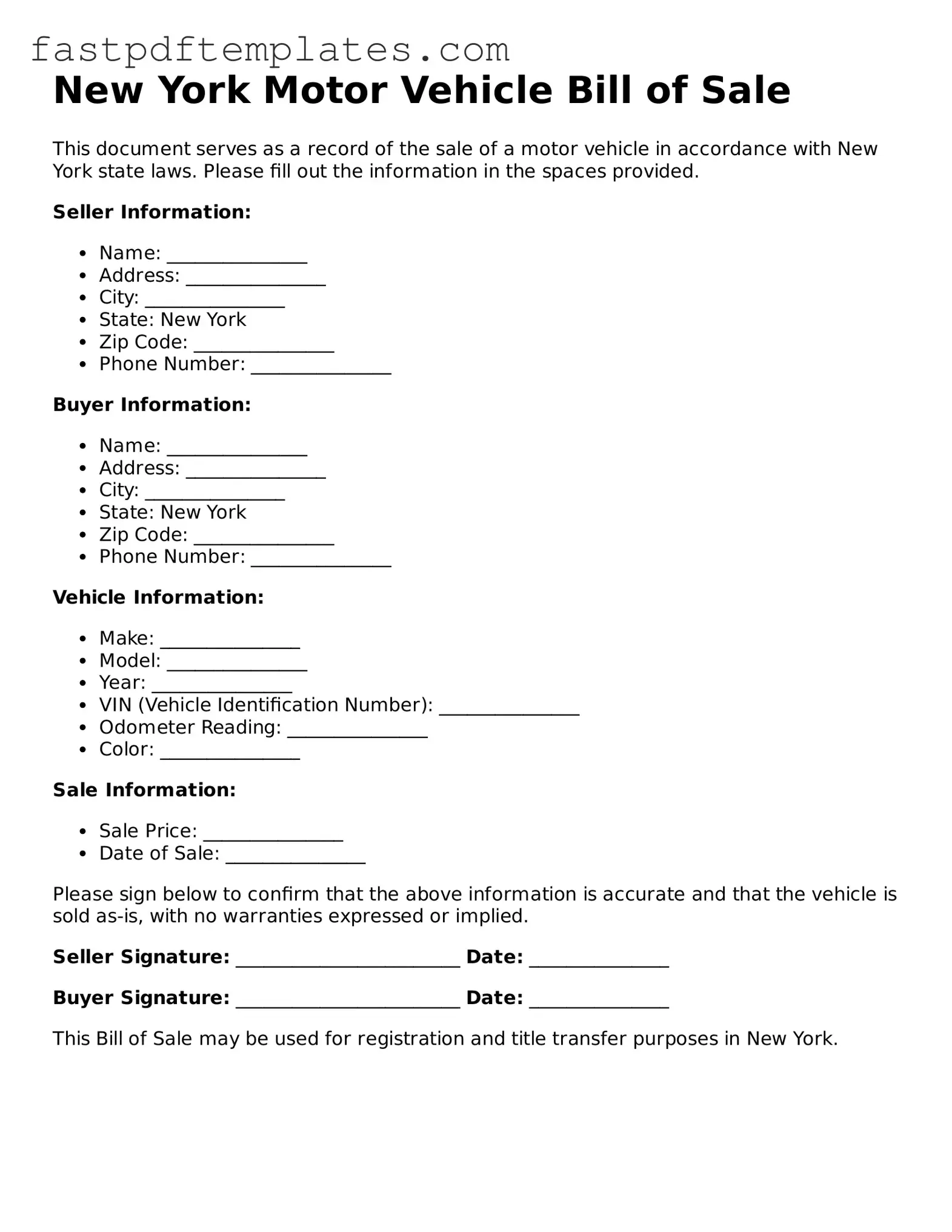 Attorney-Approved New York Motor Vehicle Bill of Sale Document