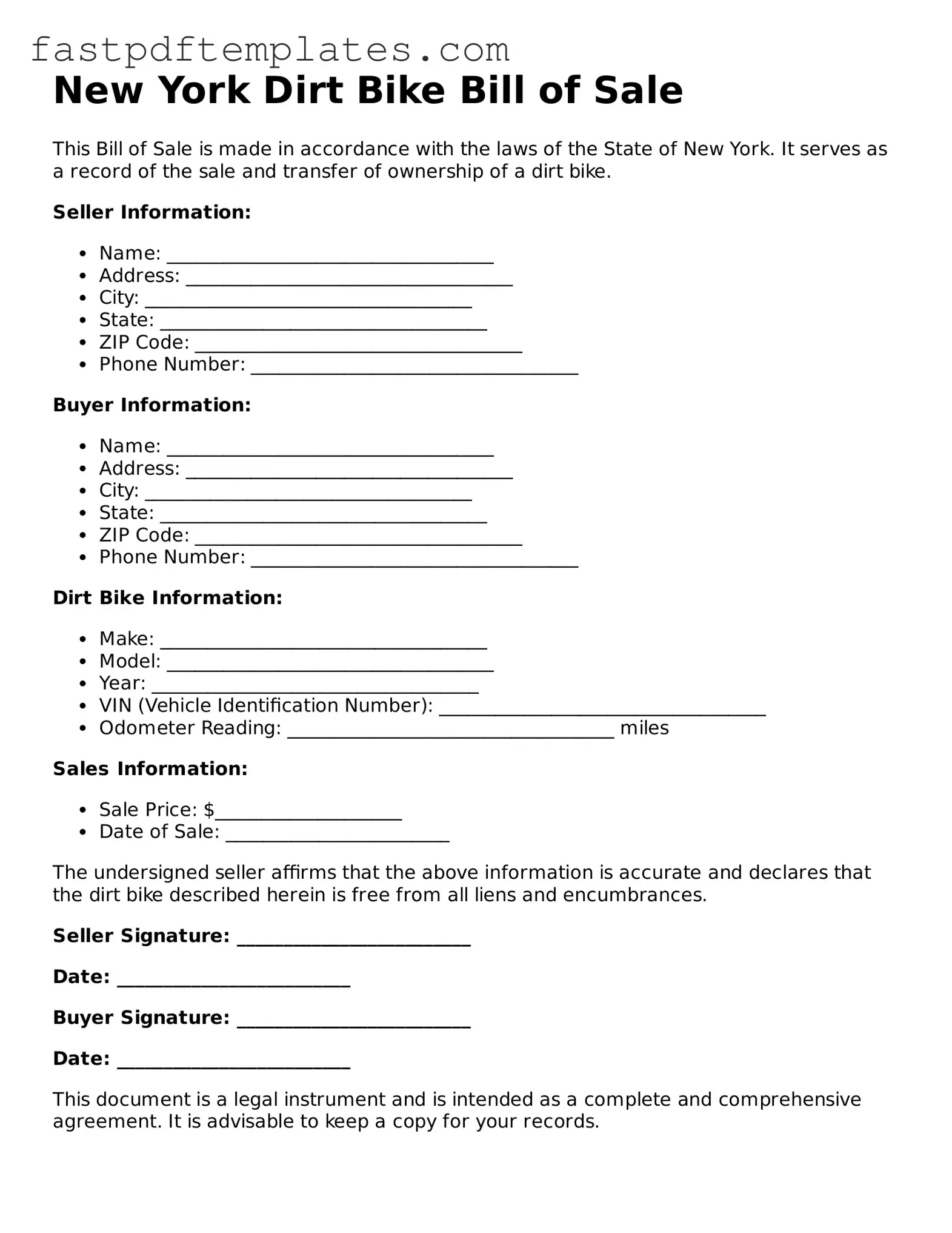 Attorney-Approved New York Dirt Bike Bill of Sale Document