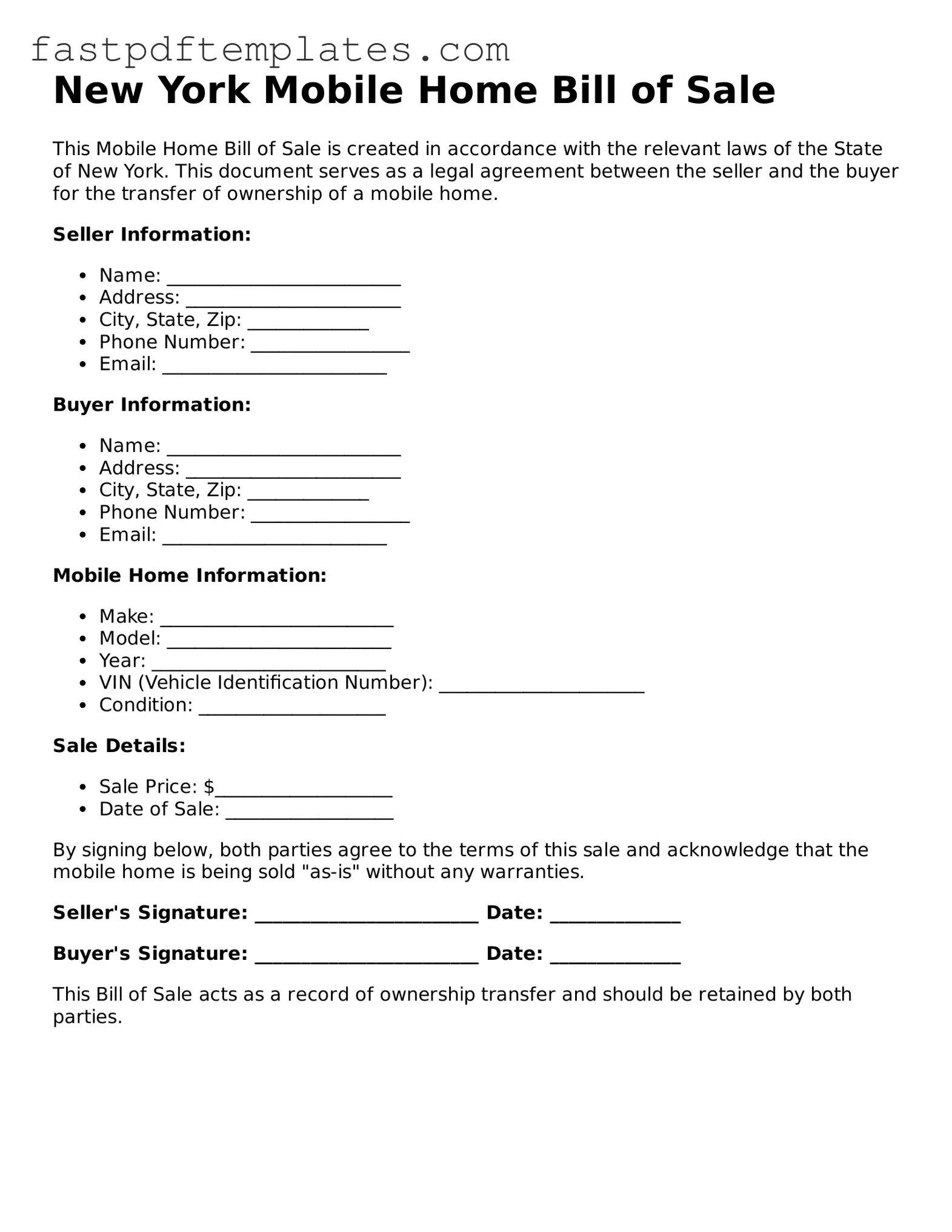 Attorney-Approved New York Mobile Home Bill of Sale Document