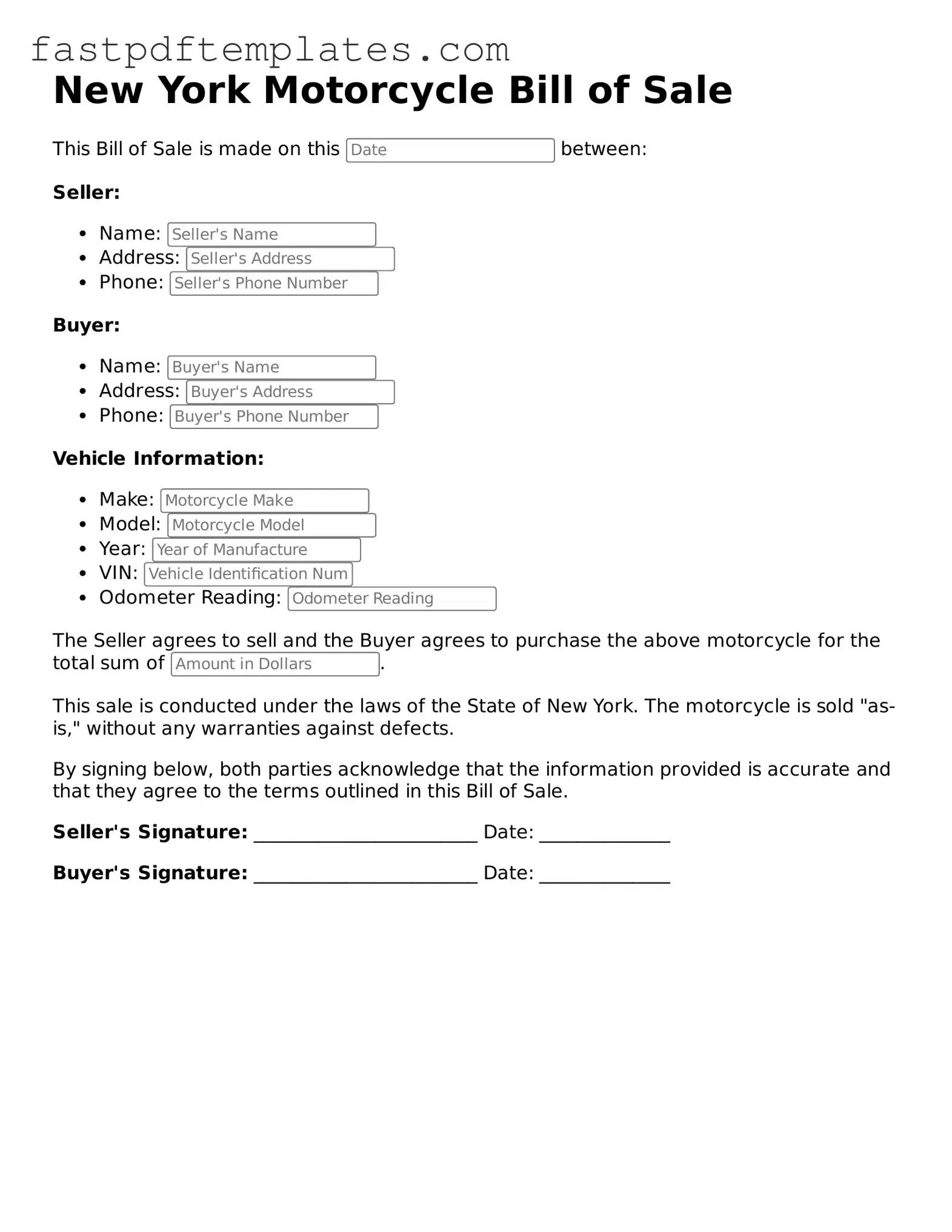 Attorney-Approved New York Motorcycle Bill of Sale Document
