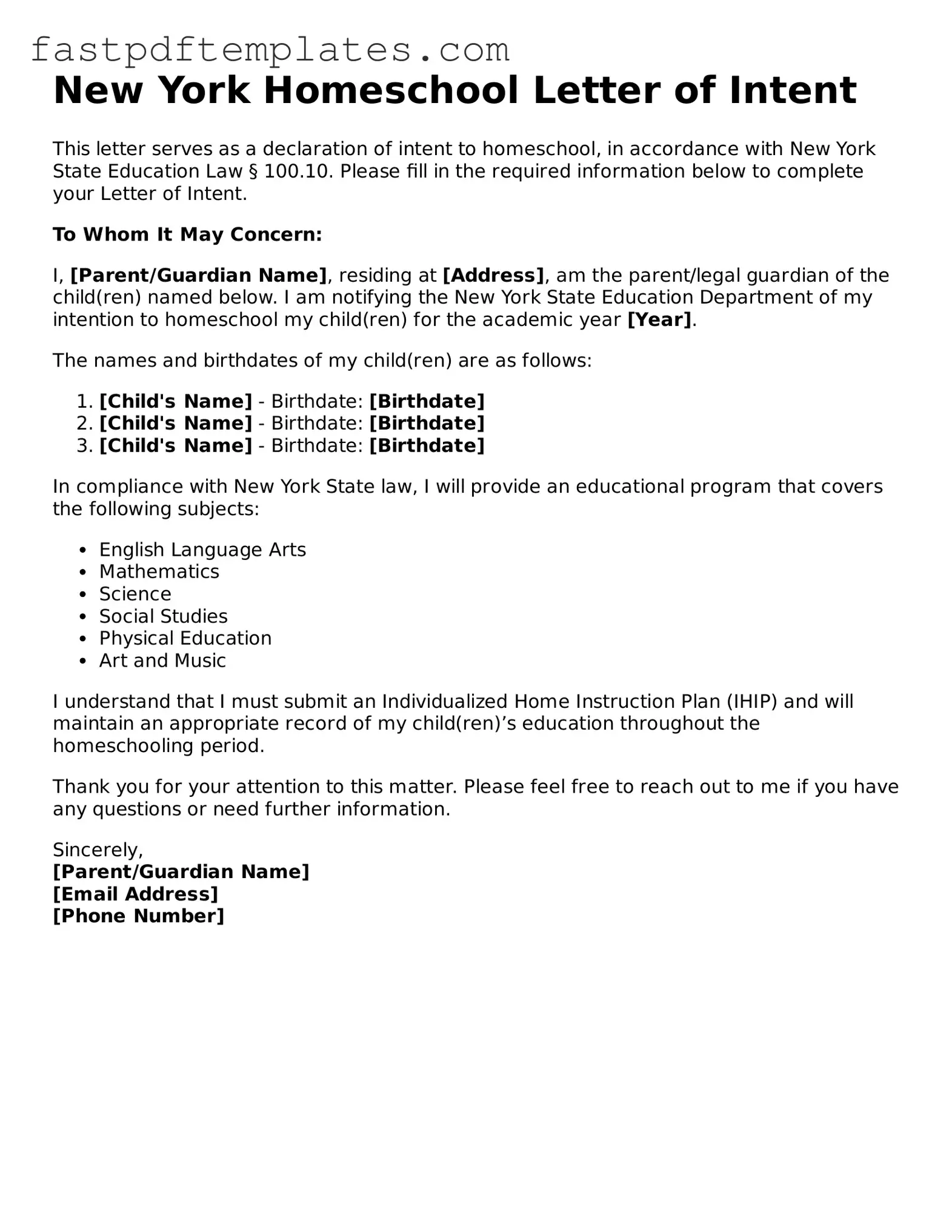 Attorney-Approved New York Homeschool Letter of Intent Document