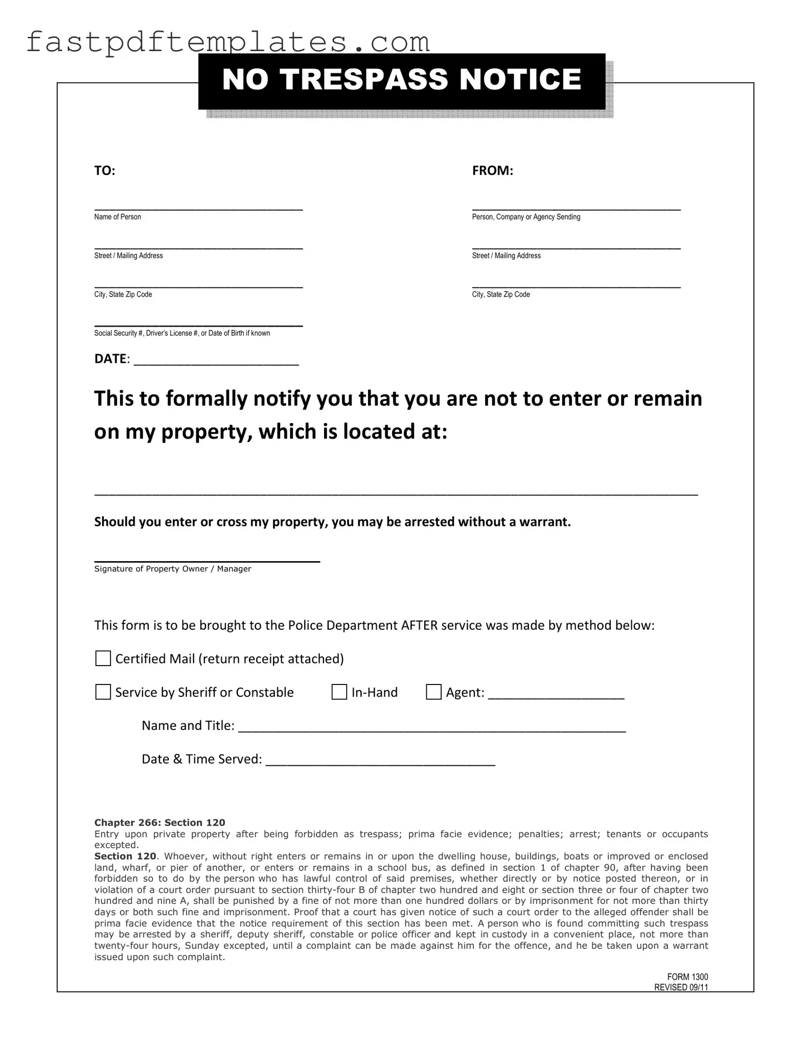 Blank No Trespassing Letter Form